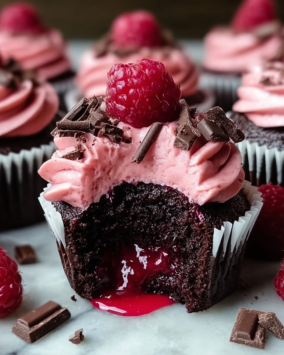 A close-up view of a dark chocolate cupcake split open to show a thick, bright red raspberry sauce flowing out from the center. The cupcake has one layer of rich, moist chocolate cake. On top, there is a thick layer of light pink raspberry frosting swirled in three peaks around the edge, decorated with small dark chocolate pieces scattered on the frosting. At the center of the cupcake top sits one whole fresh raspberry, bright red and textured. In the background, more identical cupcakes with pink frosting swirls sit on a white marbled surface. Photo taken with an iphone --ar 4:5 --v 7