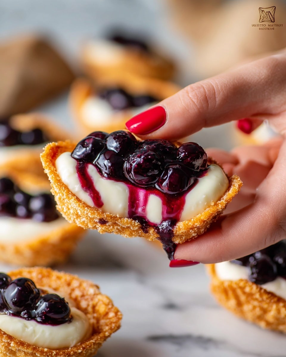 A close-up of a small dessert held by a woman's hand with red nail polish, showing three layers: a crispy golden brown shell on the outside, a smooth creamy white filling in the middle, and shiny dark purple berry topping with a syrupy texture on top. The background shows several similar desserts with the same three layers arranged on a white marbled surface, creating a colorful and tasty presentation. photo taken with an iphone --ar 4:5 --v 7