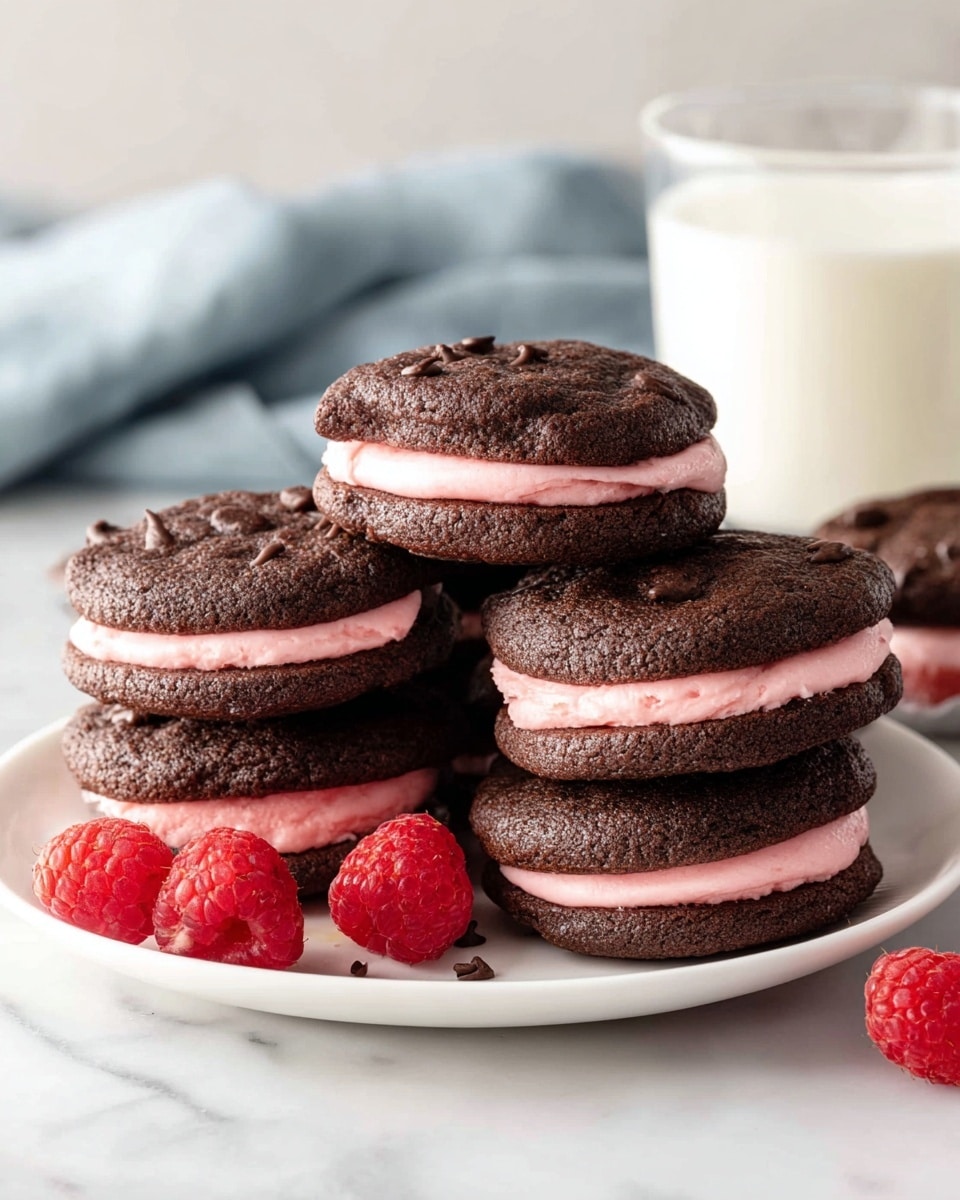A white plate holds a stack of chocolate sandwich cookies, each made of two dark brown, slightly rough-textured cookie layers with glossy chocolate chips on top. Between the cookies is a single smooth, light pink cream layer that looks soft and thick. The plate is placed on a white marbled surface, with two fresh red raspberries nearby. In the background, a clear glass filled with milk and a folded light gray cloth are visible, adding a simple, cozy feel. photo taken with an iphone --ar 4:5 --v 7