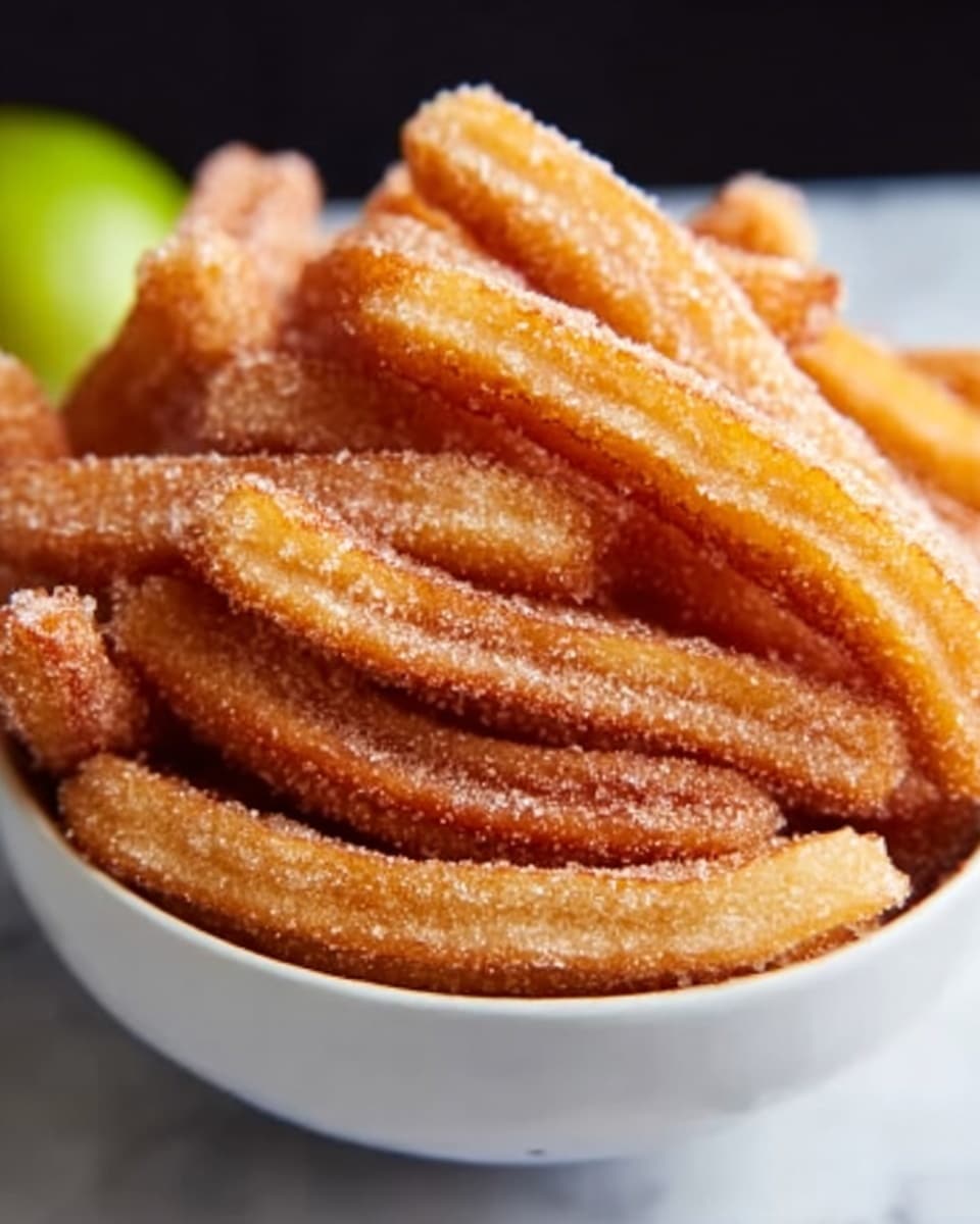 A white bowl filled with golden brown churros stacked loosely inside, each churro coated with a light layer of granulated sugar that gives a slightly rough texture, the churros have ridges along their length and appear crispy on the outside. The background is a white marbled texture with a hint of blurred green shapes in the distance. photo taken with an iphone --ar 4:5 --v 7