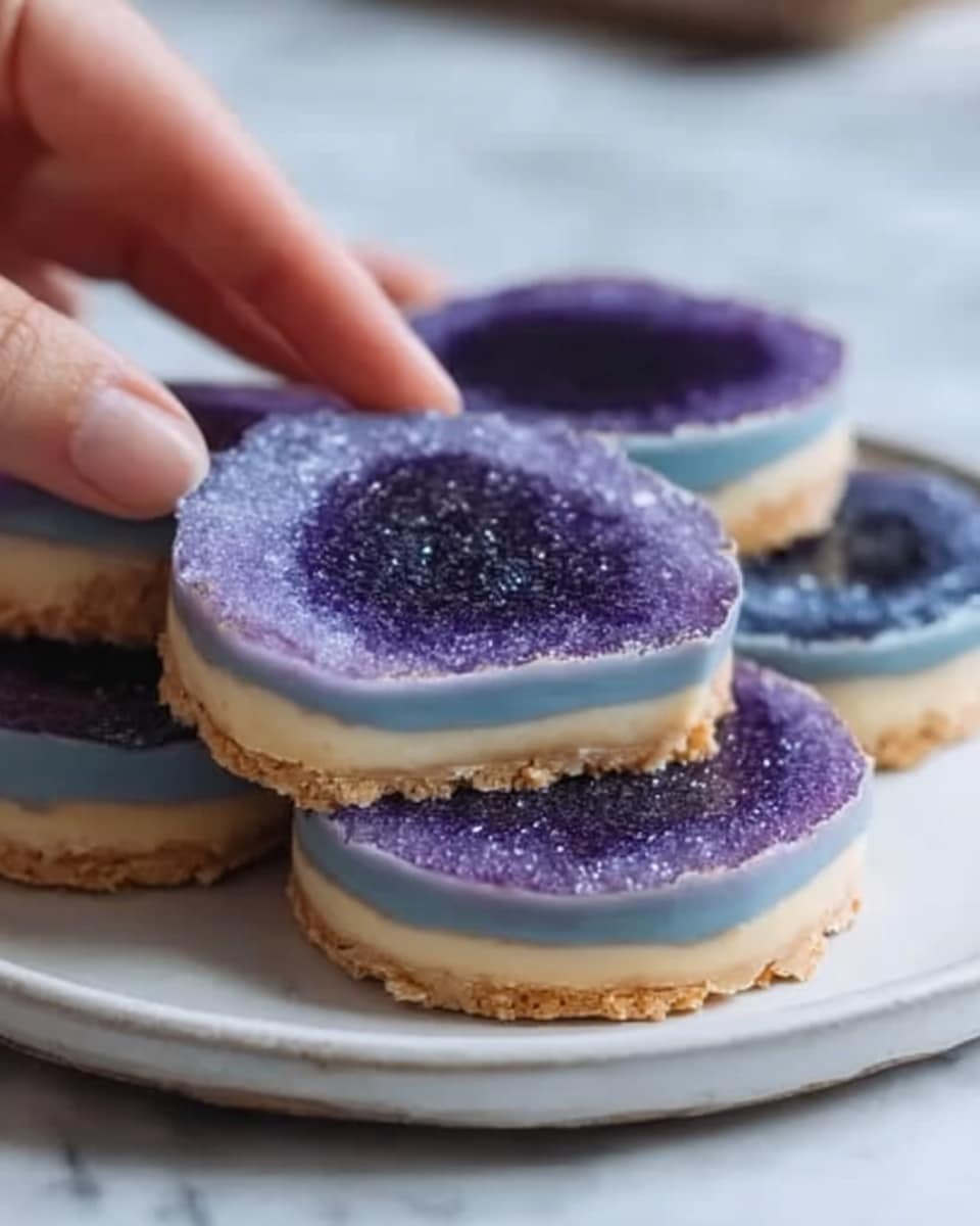 A white plate filled with round cookies that look like geode stones, each one having three distinct layers: a crumbly brown edge, a light blue middle band, and a deep purple center with a shiny, crystal-like texture. The cookies are stacked and slightly overlapping on a white marbled surface. The colors are bright and look natural, with clear details that make the cookies appear real and inviting. Photo taken with an iphone --ar 4:5 --v 7