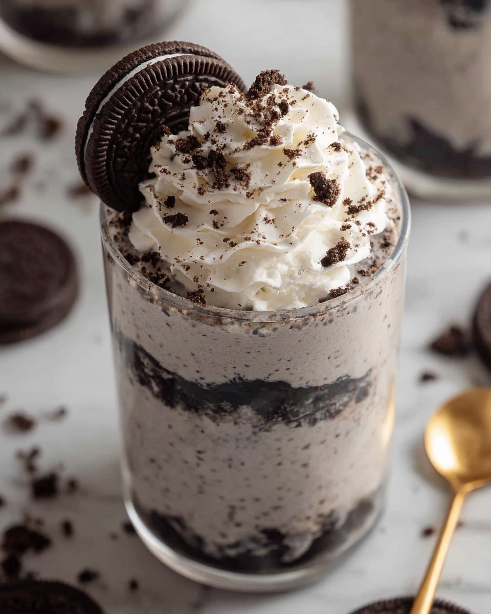 A clear glass filled with a cookies and cream milkshake showing a pale beige base mixed with dark cookie pieces, topped with a thick layer of white whipped cream sprinkled with cookie crumbs. A half of a black sandwich cookie is placed upright in the whipped cream at the top center. The glass is set on a white marbled surface with blurred cookies and a spoon in the background. photo taken with an iphone --ar 4:5 --v 7