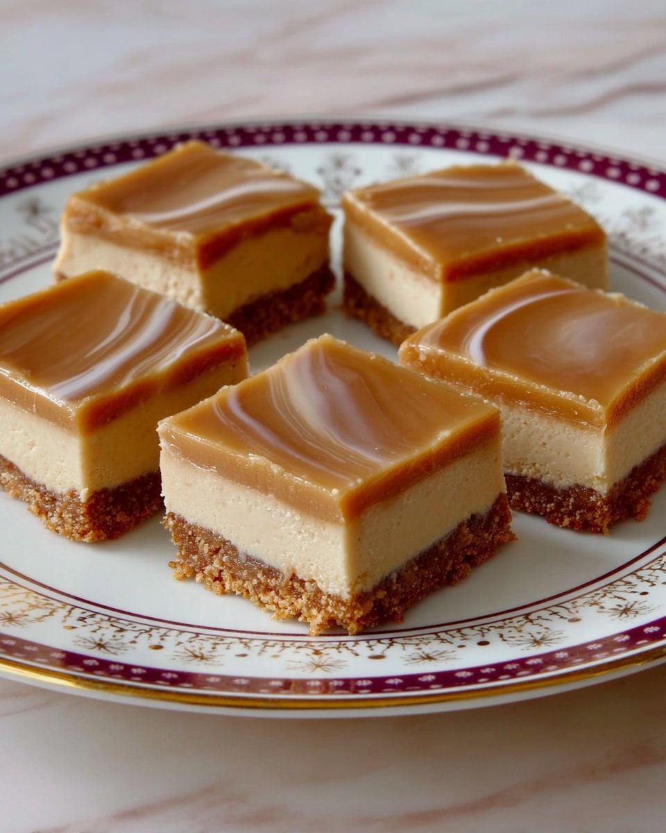 Five square dessert bars are placed on a white plate with a gold rim and dotted flower patterns. Each bar has three layers: a crumbly dark brown base, a thick creamy light beige middle layer, and a smooth shiny caramel-colored top layer that looks slightly glossy and evenly spread. The bars are neatly arranged close to each other on the plate, which rests on a white marbled surface. Photo taken with an iphone --ar 4:5 --v 7