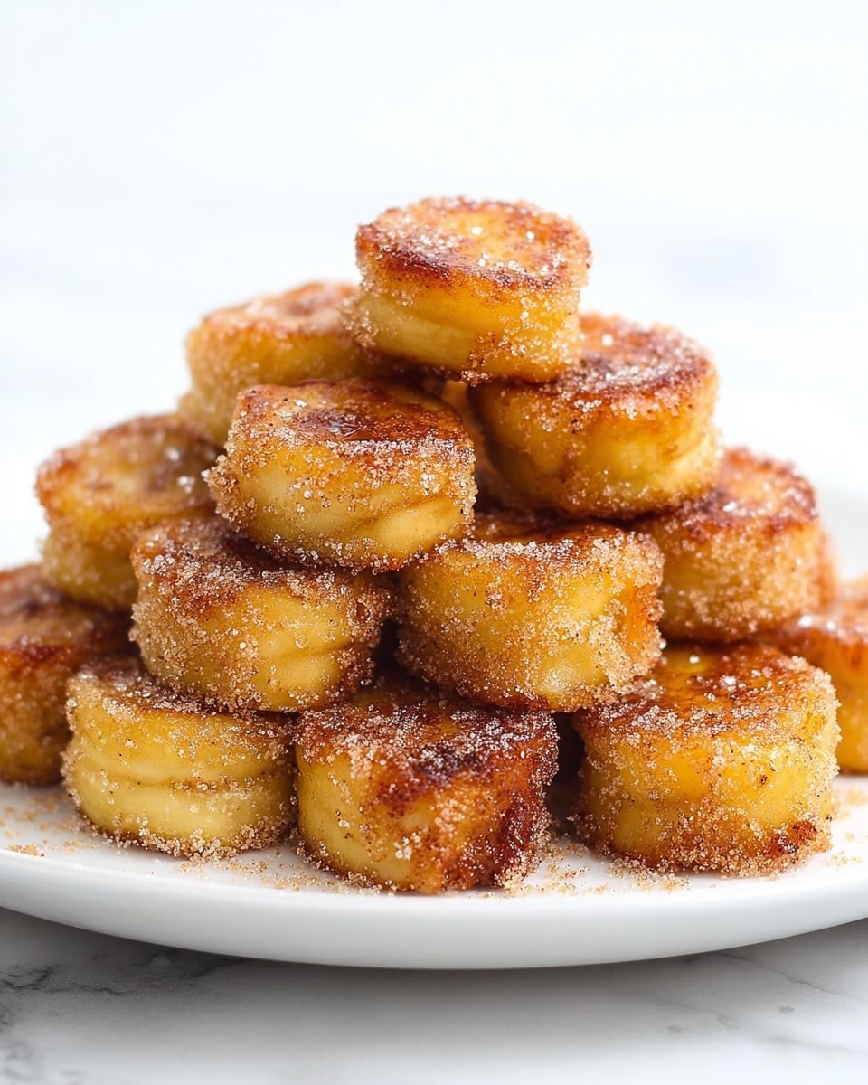 A pile of small, round, golden-brown fried banana slices stacked in a pyramid shape on a white plate. Each banana slice has a crispy, caramelized outside with a soft, light yellow inside. The banana pieces are sprinkled with white sugar crystals, giving them a slight sparkling look. The plate sits on a white marbled surface, and the lighting highlights the shiny, slightly sticky texture on the banana edges. Photo taken with an iphone --ar 4:5 --v 7