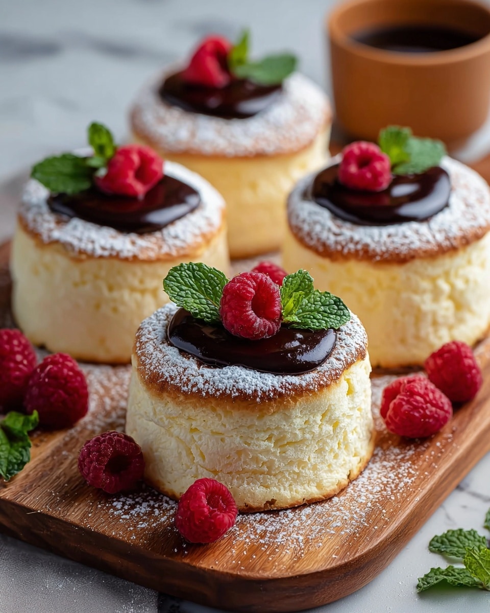Four small, fluffy, pale yellow soufflé cakes with a light golden brown top layer sit on a wooden board. Each cake is topped with a thick dollop of dark, glossy chocolate sauce, two bright red raspberries, and a small sprig of fresh green mint. Some powdered sugar is dusted carefully on and around the cakes. Three loose raspberries are placed near the board. The background shows a blurred wooden bowl and a gray surface replaced with a white marbled texture. photo taken with an iphone --ar 4:5 --v 7