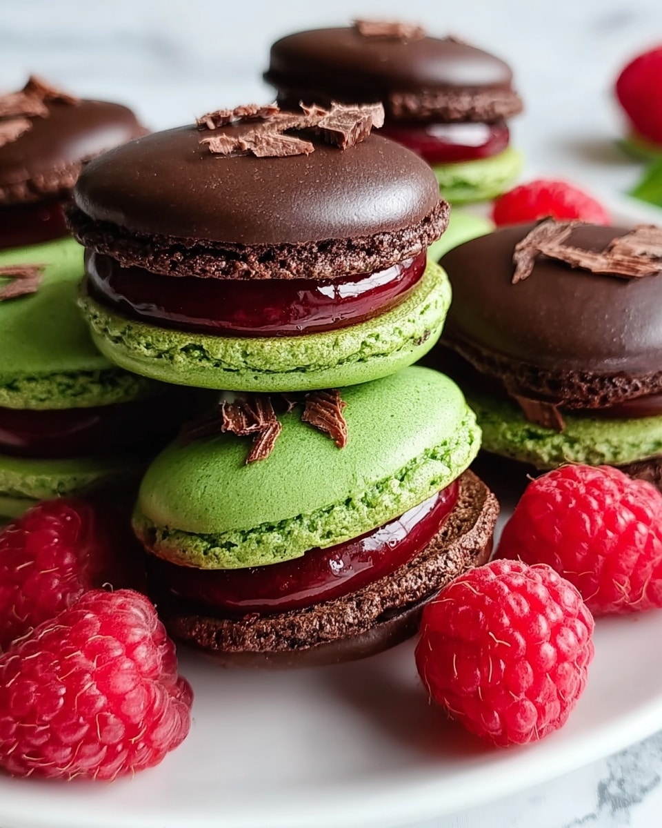 The image shows several chocolate macarons on a white plate with a white marbled texture. Each macaron has three layers: a dark brown top and bottom with a smooth, shiny chocolate surface, a bright green textured middle layer, and a glossy red filling sandwiched between the green and bottom layers. Some macarons have small brown shavings on top. Around the macarons are fresh, bright red raspberries with a bumpy texture, adding a fresh contrast to the rich macarons. Photo taken with an iphone --ar 4:5 --v 7