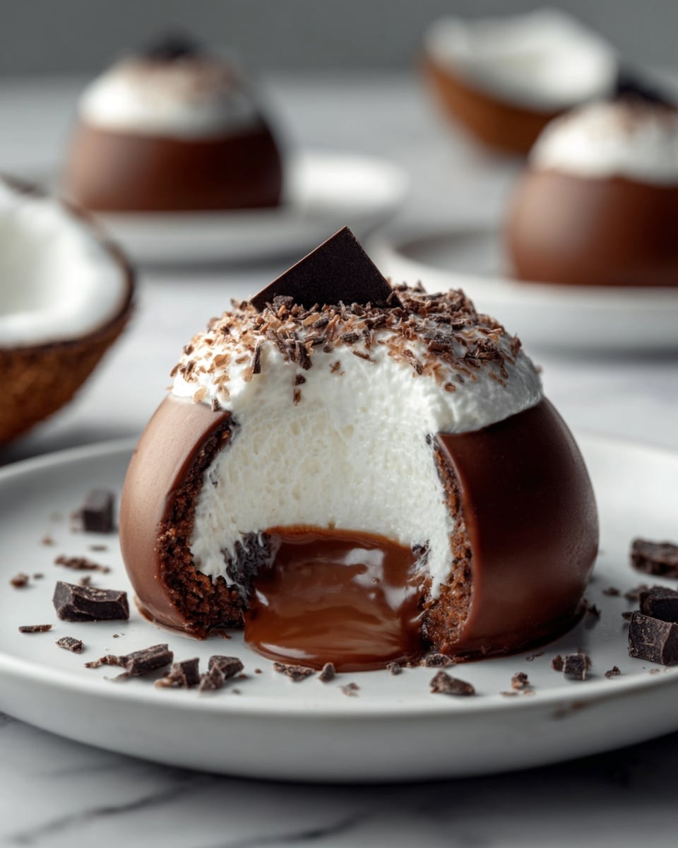 A round chocolate dessert is placed in the center of a white plate on a white marbled surface. The dessert has three main layers: a bottom dark brown chocolate base, a middle layer of smooth, glossy dark chocolate filling that spills out slightly, and a top layer of thick, white whipped cream. On top of the whipped cream is a small piece of dark chocolate shaped like a triangle and small chocolate shavings scattered around it. A few small pieces of dark chocolate are also placed near the dessert on the plate. The background is softly blurred with two similar desserts visible in the distance. Photo taken with an iphone --ar 4:5 --v 7