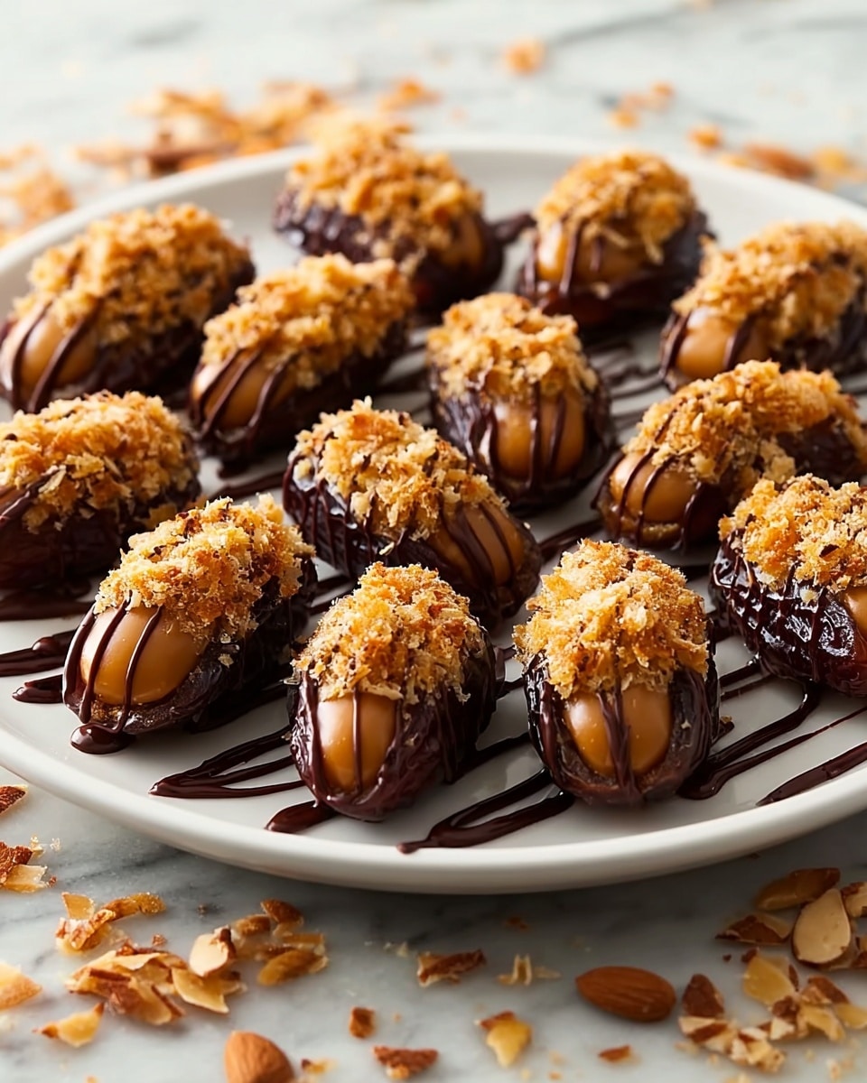 A white round plate is filled with about fifteen small stuffed dates arranged in rows. Each date is dark brown and glossy, split open and filled with smooth, light brown caramel. On top of the caramel, there is a thick layer of golden crispy bits giving a crunchy texture. The dates are drizzled with thin lines of dark chocolate sauce that create a zigzag pattern over the top. The plate sits on a table with a white marbled surface, scattered with a few light brown almond slices and extra drizzle of chocolate sauce around the plate edges. photo taken with an iphone --ar 4:5 --v 7