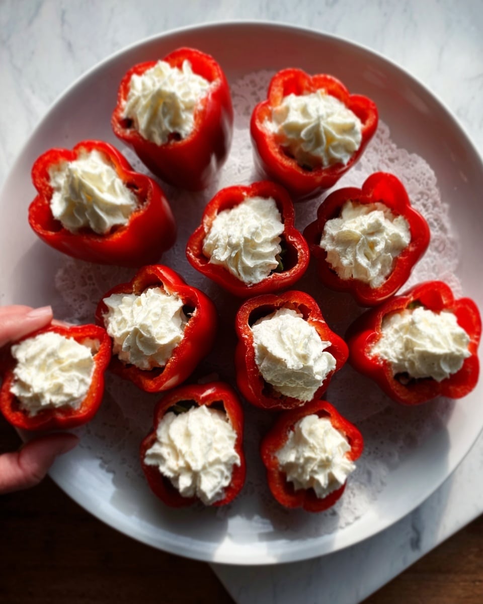 A white plate filled with a dozen bright red stuffed peppers, each pepper cut open and filled with creamy white filling that has a smooth texture. The peppers are arranged close together, showing their shiny, slightly wrinkled skin, and a woman's hand is placing one pepper onto the plate. The background surface has a white marbled texture, making the colors of the peppers and filling stand out clearly. Photo taken with an iphone --ar 4:5 --v 7