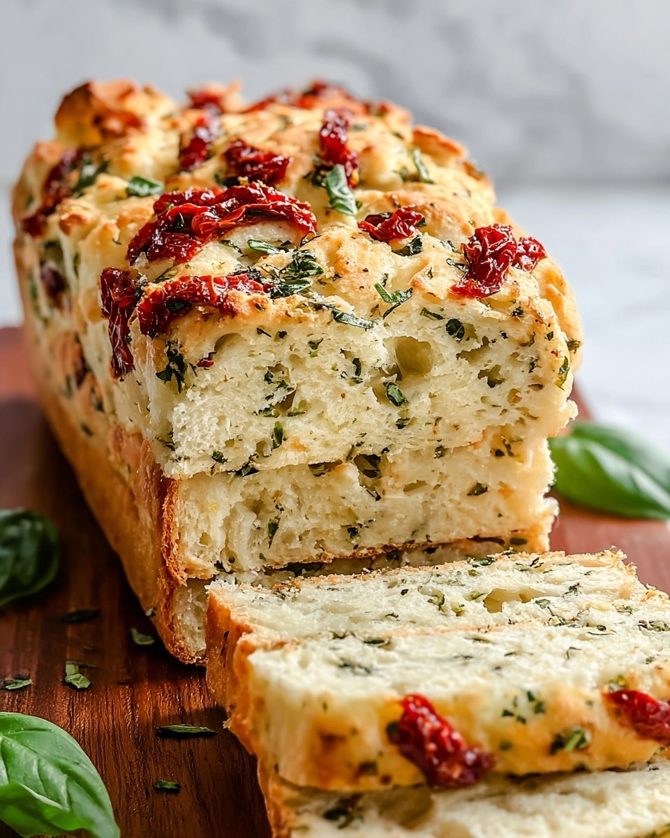 A close-up of a loaf of bread sliced into thick pieces, showing a soft, airy texture inside with a golden-brown crust on the outside. The bread has visible pieces of red sun-dried tomatoes and fresh green herbs spread evenly throughout each slice. The crust looks slightly crispy and browned, while the inside is light and fluffy with air pockets. The loaf is placed on a wooden board with a few herb leaves around it, all set on a white marbled surface. Photo taken with an iphone --ar 4:5 --v 7