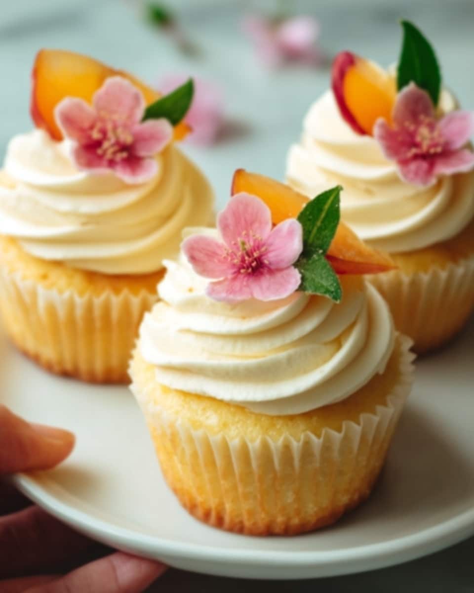 The image shows three cupcakes on a white plate, placed on a white marbled surface. Each cupcake has a golden yellow base with visible ridges on the paper liner. On top, there is a smooth swirl of creamy, pale yellow frosting with a soft texture. Each frosting swirl is decorated with a small bright pink flower, a thin red-orange slice of fruit, and a small green leaf, creating a fresh and colorful look. Photo taken with an iphone --ar 4:5 --v 7
