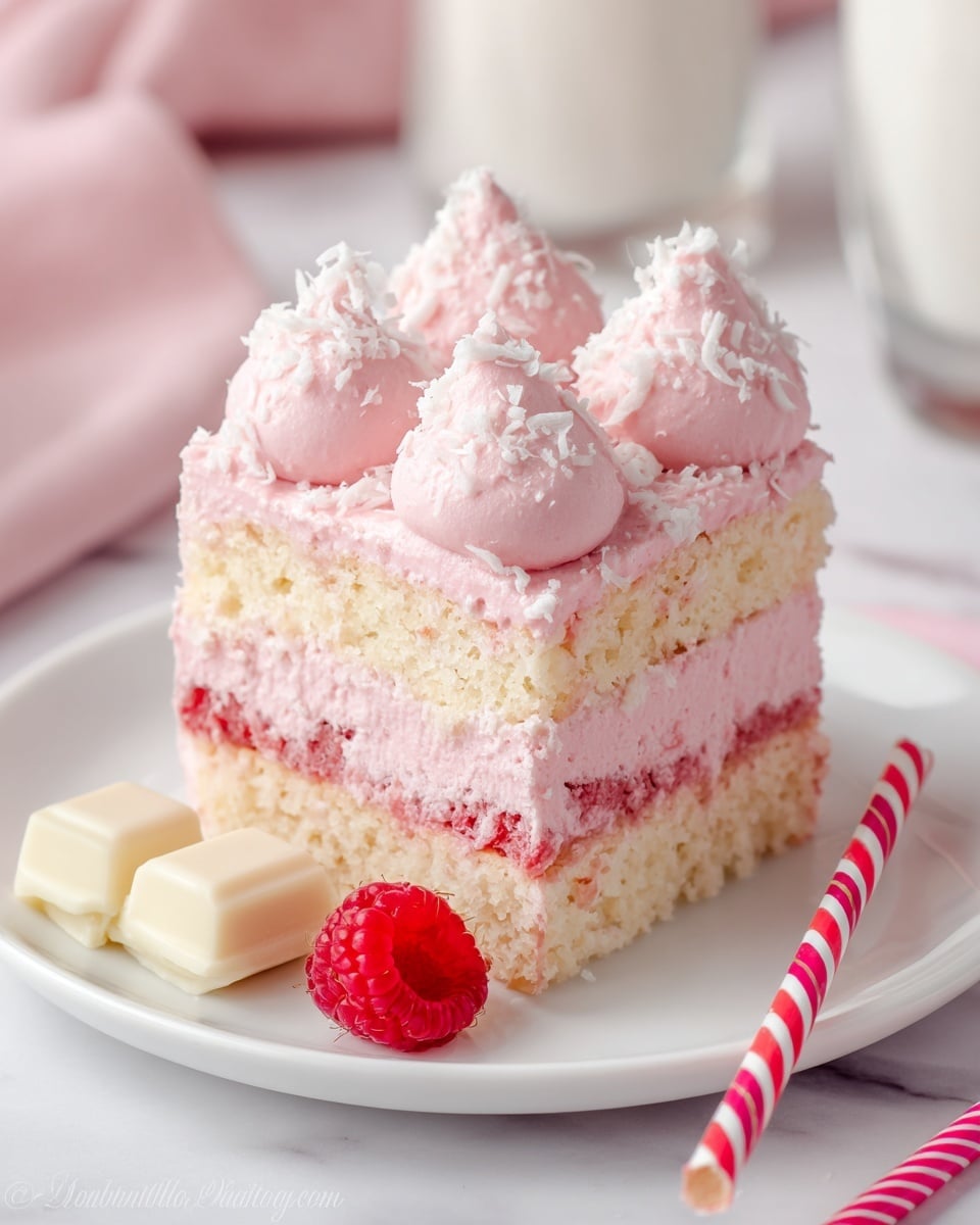 A square slice of pink layered dessert sits on a white plate, showing three main layers: a bottom layer of light beige sponge cake soaked with pink syrup, a thick middle layer of smooth, pale pink creamy filling, and a top layer of light beige sponge cake, also soaked with pink syrup. Above the sponge cake layer, there are large, fluffy dollops of pink cream, sprinkled with fine white coconut flakes. A fresh red raspberry rests at the base of the dessert on the plate. The scene is set on a white marbled surface with soft pink and white props blurred in the background. Photo taken with an iphone --ar 4:5 --v 7