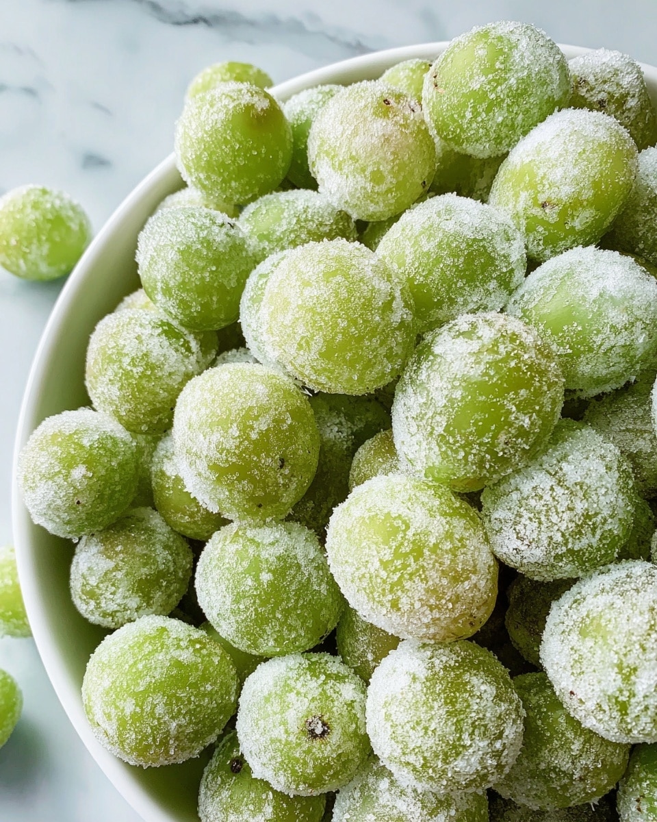A close-up view of a white scalloped bowl filled with many small, round green grapes covered evenly with a thick layer of white granulated sugar, giving them a frosty, sparkling texture. The grapes are tightly packed, showing various shades of light green under the sugar coating. The bowl sits on a white marbled surface. photo taken with an iphone --ar 4:5 --v 7