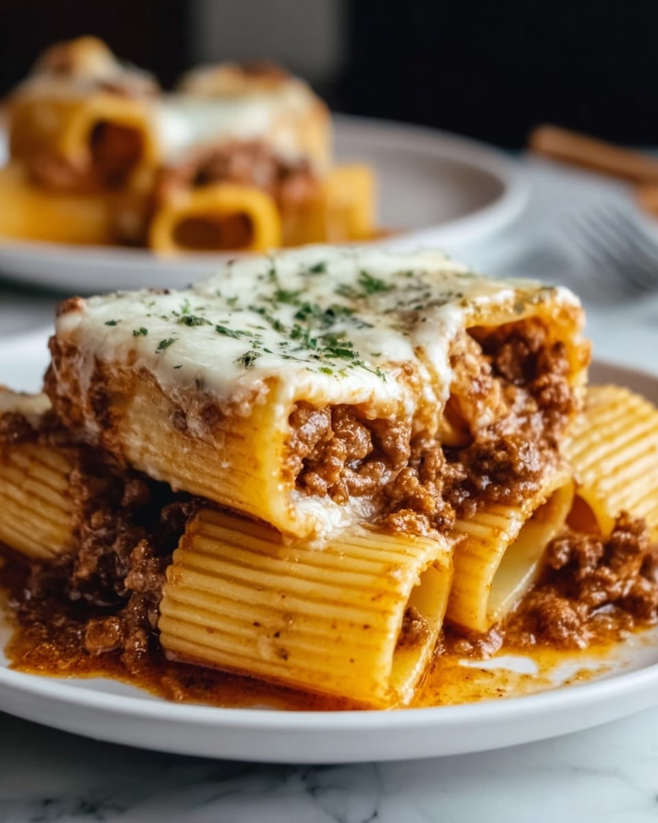The image shows a close-up of a stack of five wide tube pasta pieces filled with a thick meat sauce. The pasta is light yellow with a ridged texture and arranged in two layers on a white plate. The bottom layer has three tubes lying flat, with a rich brown meat sauce spread underneath and slightly oozing out. On top, two pasta tubes are stacked, covered with a melted white cheese layer that looks creamy and soft, sprinkled with small green herb bits. The plate sits on a white marbled surface, and the overall look is warm and hearty, showing a meaty, cheesy pasta meal. photo taken with an iphone --ar 4:5 --v 7