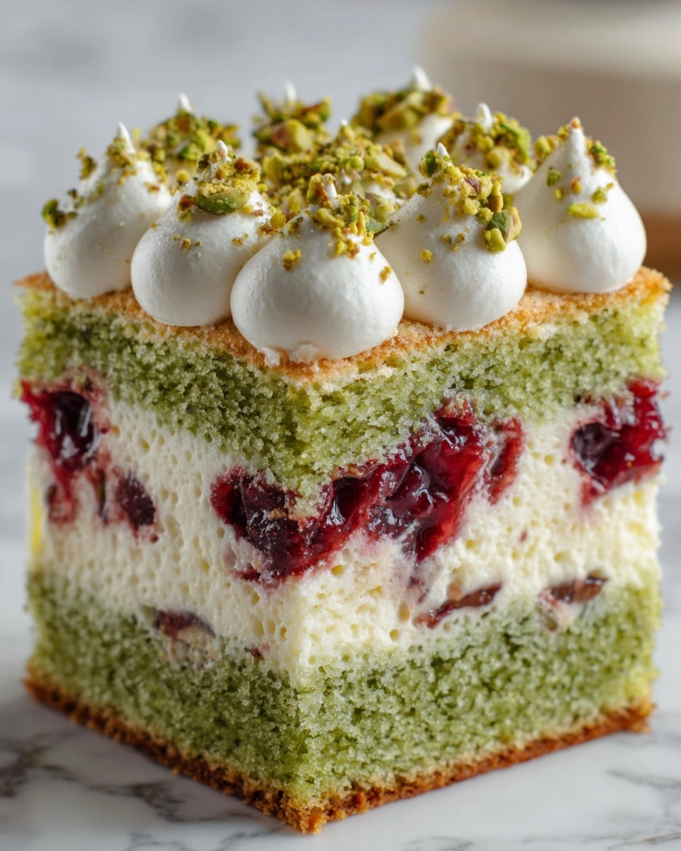 A close-up of a square slice of pistachio cake with three visible layers. The bottom and top layers are light green and fluffy with crushed pistachios inside. Between them, there is a thick layer of white creamy frosting, topped by a dark red jam layer that looks slightly sticky and juicy. The top of the cake is covered with small white dollops of cream and sprinkled with whole green pistachio nuts. The cake sits on a white plate placed on a white marbled surface. Photo taken with an iphone --ar 4:5 --v 7