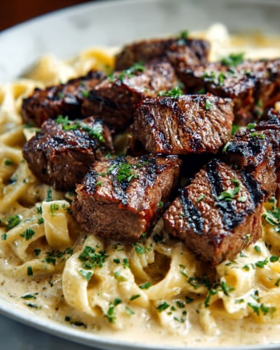 The image shows a white plate filled with creamy pasta at the bottom, with a light yellow color and smooth texture. On top of the pasta, there are several thick, grilled beef pieces, dark brown with visible grill marks and a slightly shiny surface. The beef looks juicy and tender. Fresh green herbs are sprinkled over the meat and pasta, adding a bright contrast. A small dollop of white sauce or cream sits on some beef pieces, enhancing the dish's rich look. The background is a white marbled texture. Photo taken with an iphone --ar 4:5 --v 7