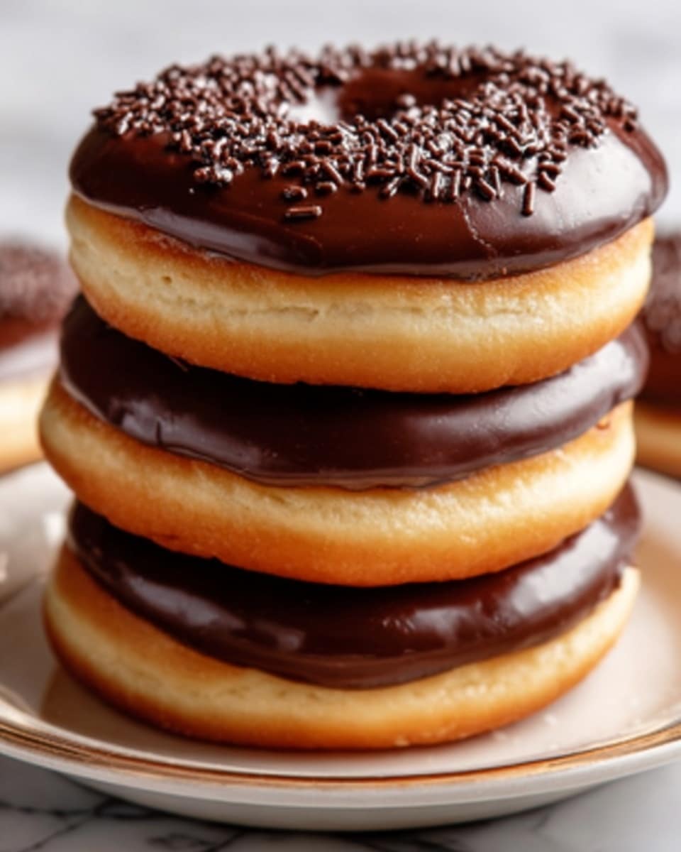 A stack of three round donuts with a smooth, shiny dark chocolate glaze on top of each. The donuts have a light golden brown color with a soft, slightly fluffy texture. The chocolate glaze is thick and glossy, covering the top surface completely, while the middle of the top donut has small chocolate sprinkles clustered in the center. They sit on a simple white surface with soft natural lighting highlighting the rich texture of both the donuts and the chocolate. Photo taken with an iphone --ar 4:5 --v 7