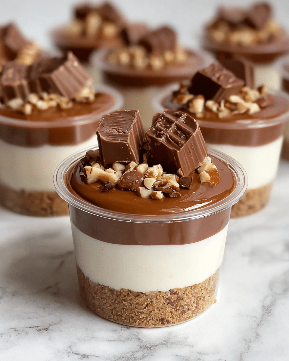 The image shows several clear plastic cups filled with a three-layer dessert. The bottom layer is a crumbly light brown crust. The middle layer is a smooth, thick white cream. The top layer is a glossy light brown chocolate mousse, topped with chopped nuts and half a small chocolate candy with dark stripes. The cups are placed on a white marbled texture surface, and the focus is on the cup in front with others softly blurred behind it. photo taken with an iphone --ar 4:5 --v 7