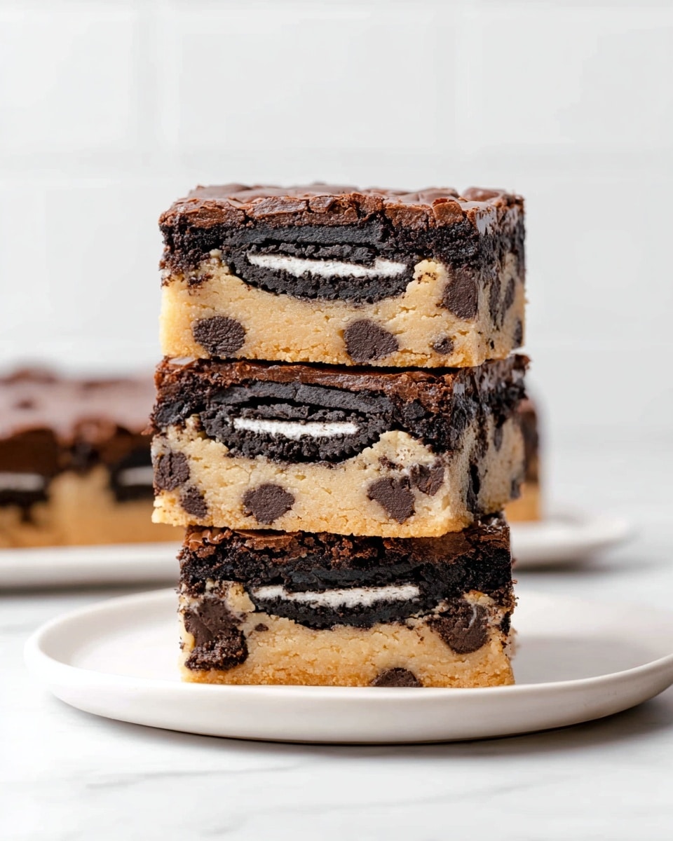 Three stacked dessert bars on a white plate sitting on a white marbled surface, each bar has three distinct layers: the bottom layer is a golden cookie dough with visible milk chocolate chips, the middle layer is a whole Oreo cookie with dark chocolate biscuit and white cream center, and the top layer is a thick, fudgy chocolate brownie with a slightly cracked texture. The bars are cut into neat squares with clean edges and are the main focus of the image, showing clear layer separation. photo taken with an iphone --ar 4:5 --v 7