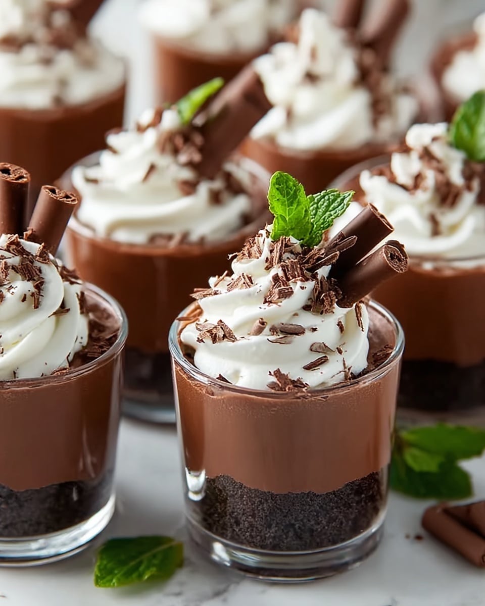 The image shows several clear glass cups filled with a three-layer dessert. The bottom layer is a dark brown crumbly crust, the middle layer is smooth and rich milk chocolate mousse, and the top layer is a swirl of white whipped cream sprinkled with small chocolate shavings. Each cup is decorated with curled dark chocolate sticks and some have fresh green mint leaves adding a touch of color. The cups are arranged closely on a white marbled surface, and the photo is bright with soft natural light highlighting the creamy textures. photo taken with an iphone --ar 4:5 --v 7