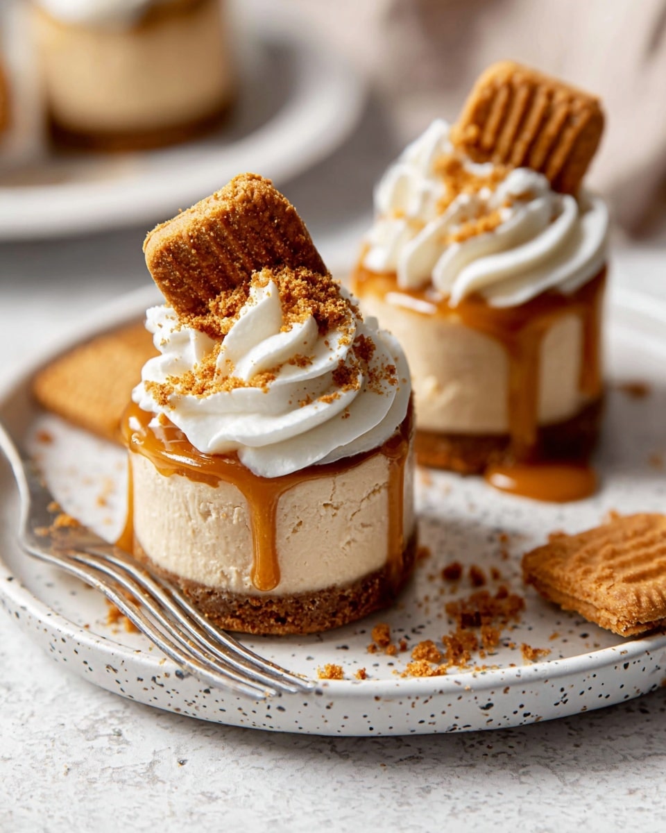 The image shows two small layered desserts on a white plate with a speckled brown rim, placed on a white marbled surface. Each dessert has three layers: a crumbly brown base, a light beige creamy middle layer, and a smooth caramel-colored topping that drips slightly down the sides. On top, there is a swirl of white whipped cream sprinkled with crushed cookie crumbs, with one dessert featuring a whole square cookie inserted at an angle. Crumbs are scattered on the plate and around it, adding texture. A fork lies next to the desserts. In the background, blurred bowls with cookies and more desserts are visible. Photo taken with an iphone --ar 4:5 --v 7