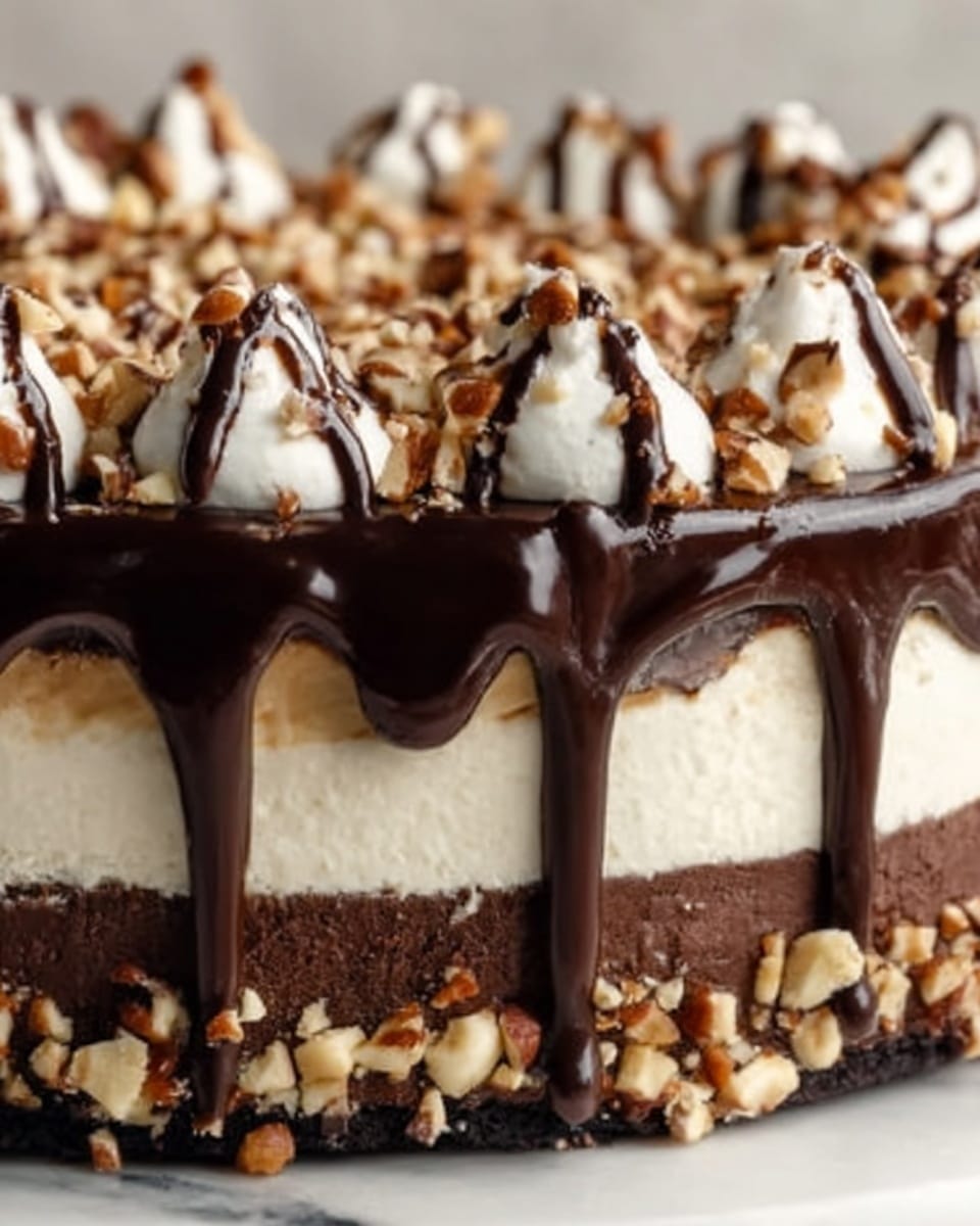 The image shows a rich chocolate dessert with three visible layers: the bottom layer is a dark chocolate base, the middle layer is creamy beige, and the top layer is a thick, shiny dark chocolate ganache that drips down the sides. On top, there are dollops of white cream evenly spaced around the edge, each drizzled with dark chocolate. The surface is also covered with chopped nuts in different shades of brown, adding a crunchy texture. The cake sits on a white marbled surface. photo taken with an iphone --ar 4:5 --v 7