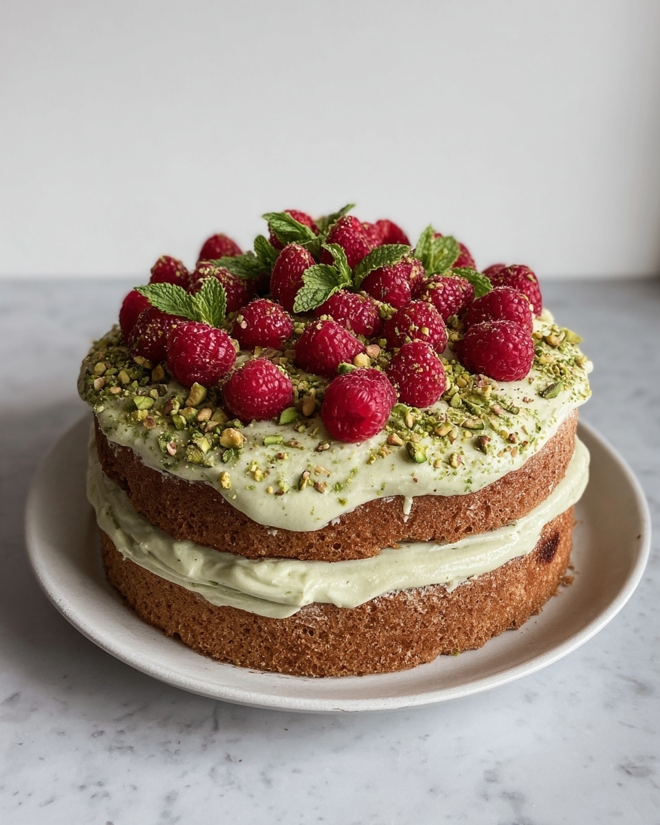 A two-layer cake sits on a white plate on a white marbled surface. The bottom layer is golden brown and fluffy, topped with a thick layer of pale green cream and a few raspberries peeking through. The top layer is the same golden brown cake, covered with a generous, smooth spread of pale green cream that is decorated with whole bright red raspberries, scattered chopped green pistachios, and fresh green mint leaves. Some mint leaves are also placed around the sides. The overall look is fresh and colorful. photo taken with an iphone --ar 4:5 --v 7