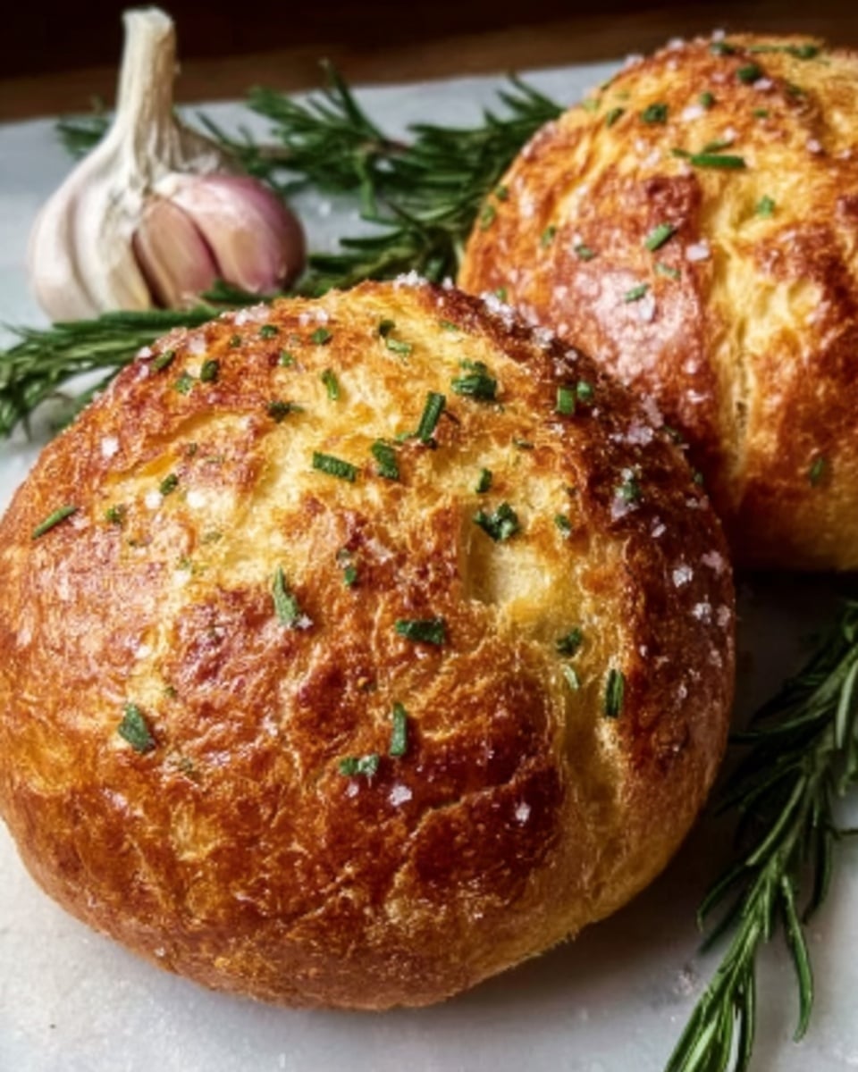 Two round, golden-brown baked breads with a crispy crust sit side by side. Each bread has a rough, uneven surface with visible cracks and a sprinkling of coarse salt and chopped green herbs on top. In the background, there are whole garlic bulbs and sprigs of rosemary adding a fresh touch. The breads rest on a white marbled texture surface. photo taken with an iphone --ar 4:5 --v 7