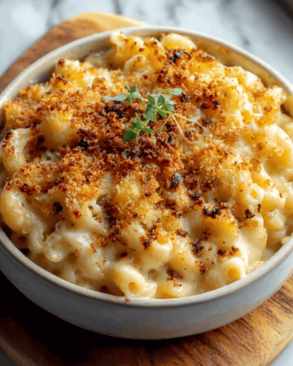 The image shows a round, white ceramic dish filled with baked macaroni and cheese. The top layer is golden brown with small spots of darker crust where it is toasted, giving a crunchy look. Underneath, there is a thick layer of melted cheese that pulls away in strings, revealing the creamy, pale yellow macaroni pasta below. Small green herbs are sprinkled on the top for a fresh touch. The dish sits on a wooden surface with a white marbled textured background softly blurred. Photo taken with an iphone --ar 4:5 --v 7