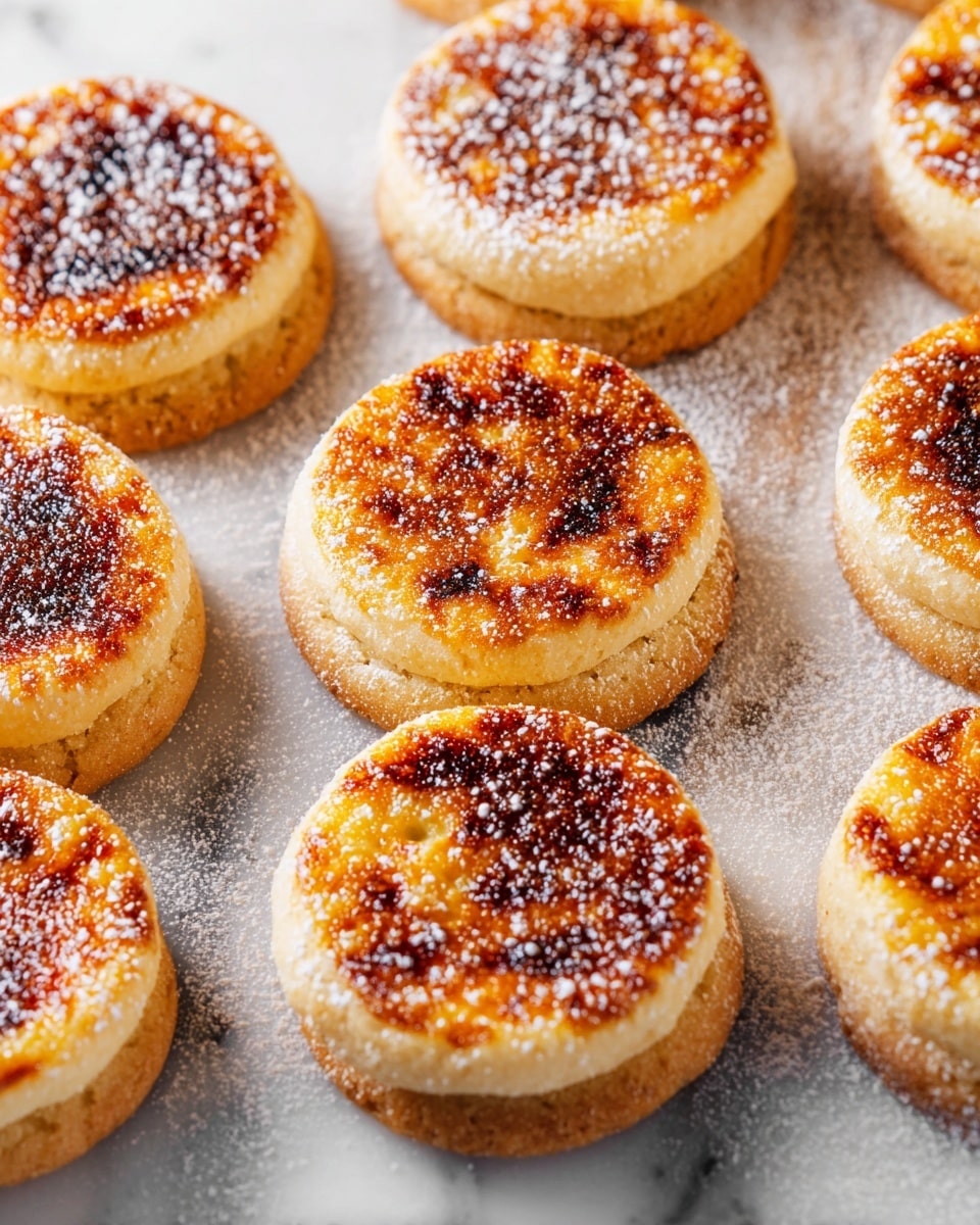 The image shows a close-up view of several round pastries, each with two layers. The bottom layer is a thick, beige-colored cookie base that looks soft and slightly crumbly. The top layer is a glossy, golden caramelized surface with a burnt sugar texture, showing dark brown and amber patches that hint at a crème brûlée style finish. The pastries are arranged on a white marbled textured surface, with a light dusting of powdered sugar scattered around them, adding a soft white contrast to the warm tones of the treats. photo taken with an iphone --ar 4:5 --v 7