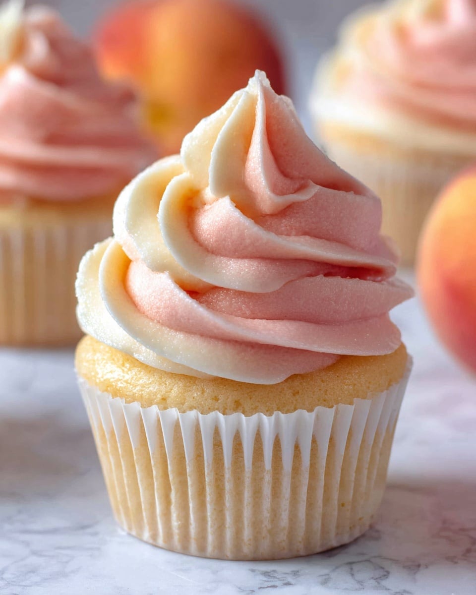 A single cupcake with a light yellow base in a white ridged paper cup is centered in the image. On top, there is a swirl of two-toned frosting with two visible layers: the outer layer is pale pink and the inner layer is creamy white, both with a smooth, soft texture that looks whipped and fluffy. The frosting creates a spiral peak that rises above the cupcake base. The background shows a white marbled texture and is slightly blurred, with parts of more cupcakes and a peach visible but out of focus. Photo taken with an iphone --ar 4:5 --v 7