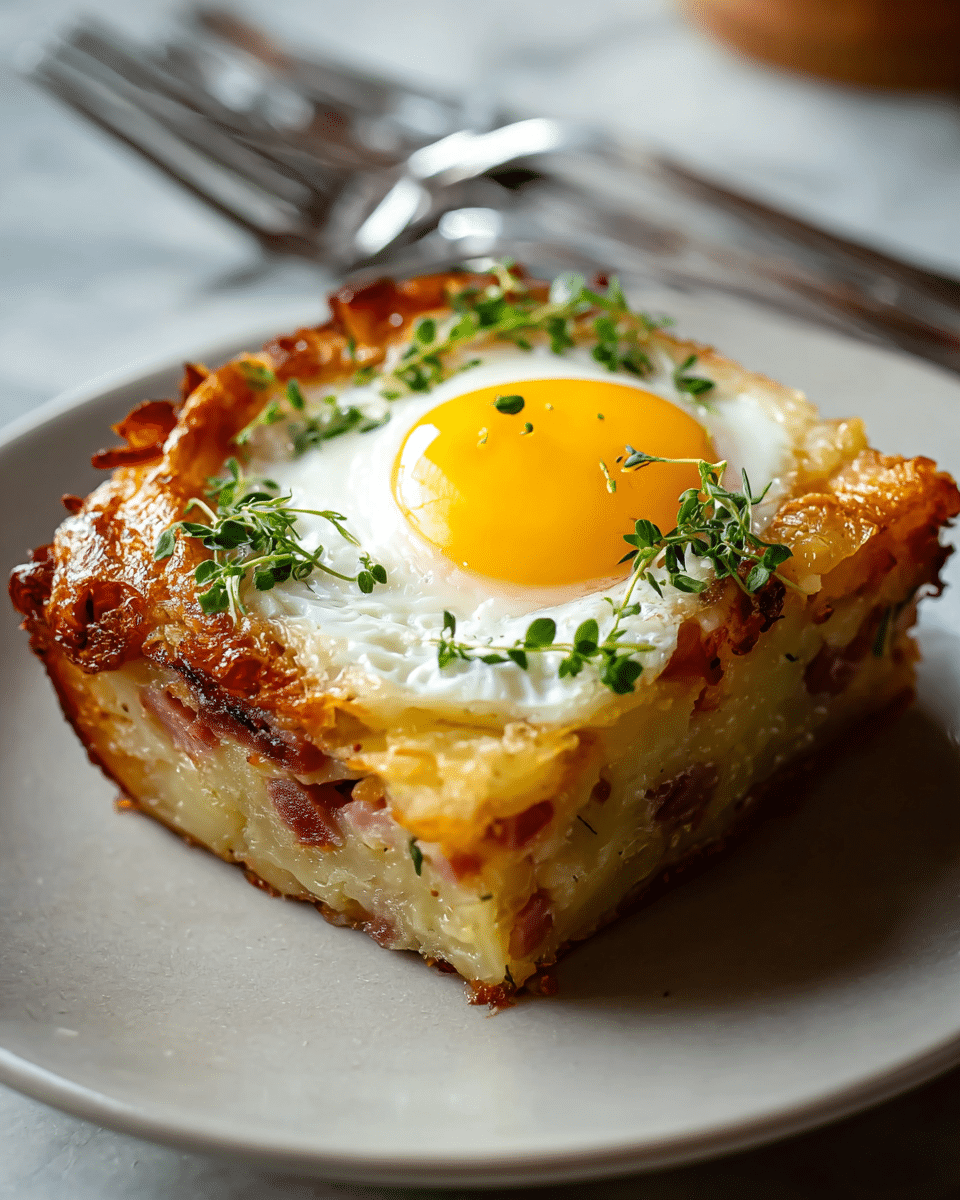 A single square piece of layered breakfast casserole sits on a white plate with a slightly raised edge. The casserole has three main layers: the bottom layer contains bits of browned meat and creamy cheese, the middle layer is thick and pale with visible cheese strands, and the top layer is a golden-brown crust that curls slightly at the edges. On top, a fried egg with a glossy, bright yellow yolk and white edges covers the center, sprinkled with small chopped green herbs and black pepper specks. A small pile of fresh microgreens rests beside the yolk. The plate is placed on a white marbled surface, and a metal fork with long tines is partially visible behind the plate. photo taken with an iphone --ar 4:5 --v 7