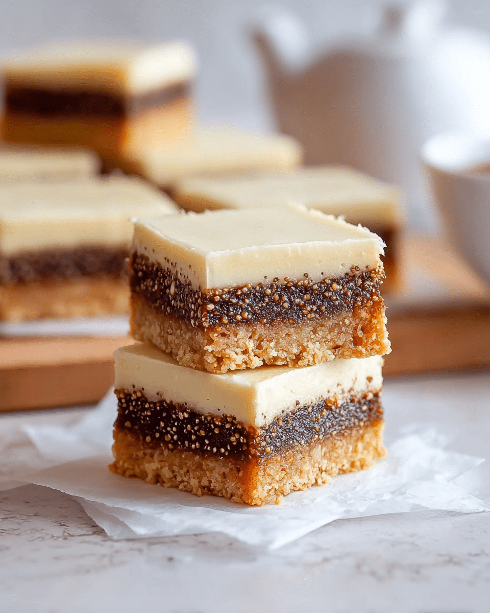 The image shows two square bars stacked on a white marbled surface with a white teapot in the blurry background. Each bar has three layers: the bottom layer is a light golden crumbly crust, the middle layer is thick and dark brown with visible small seeds giving it a textured look, and the top layer is smooth and creamy white, evenly spread. There are more bars blurred in the background, also square and showing the same three layers clearly. Photo taken with an iphone --ar 4:5 --v 7