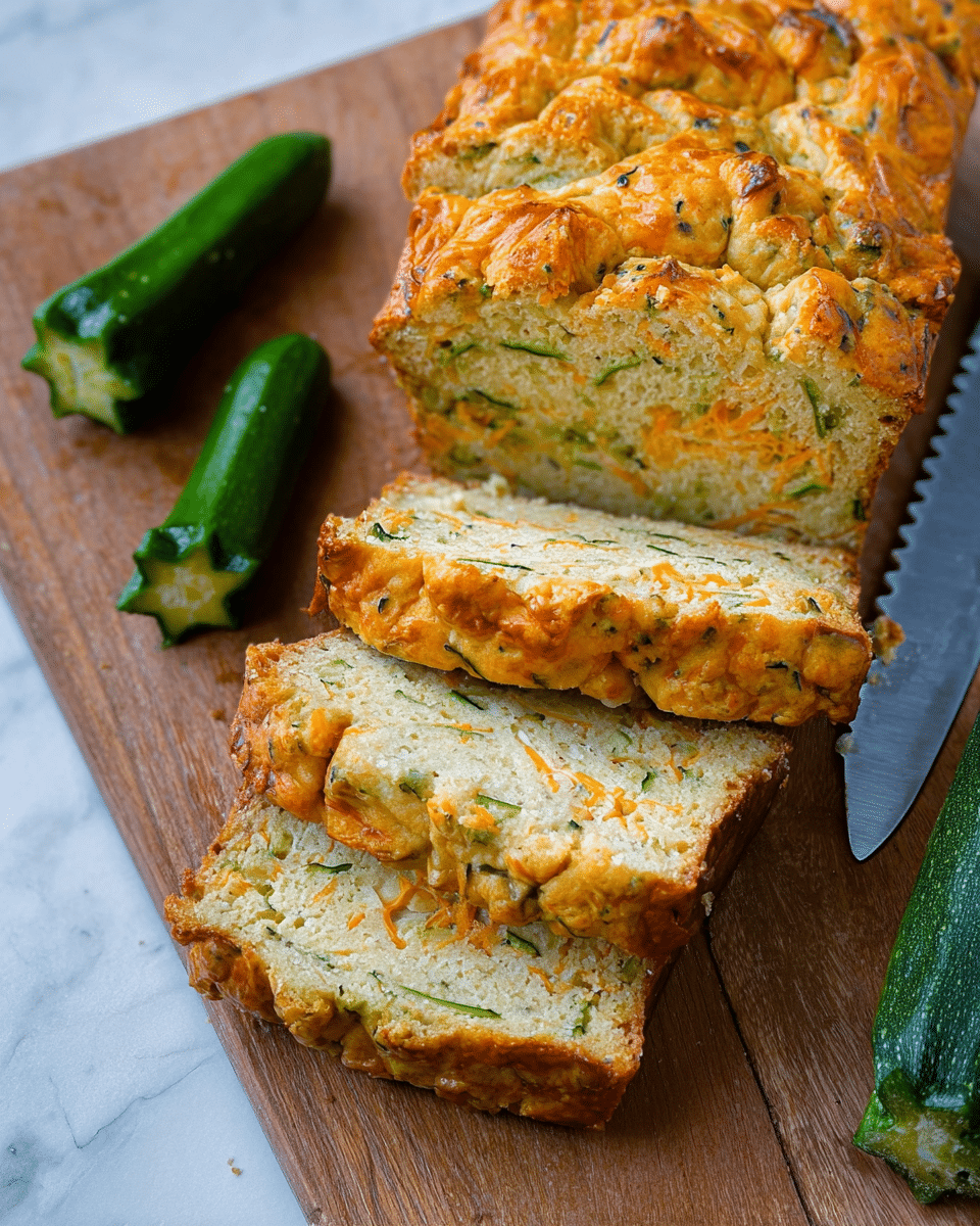 This image shows a loaf of zucchini bread sliced into thick pieces, placed on a white marbled textured surface that looks like a wooden cutting board. The bread has two main layers: a golden brown and slightly crispy outer crust with dark green flecks, and a soft, light beige inside with visible bits of green zucchini and some orange shreds, indicating shredded cheese. The texture of the inside looks moist and airy with small holes scattered throughout. Around the bread are round zucchini ends with star-shaped cross-sections, and a serrated knife lies next to the loaf. Photo taken with an iphone --ar 4:5 --v 7