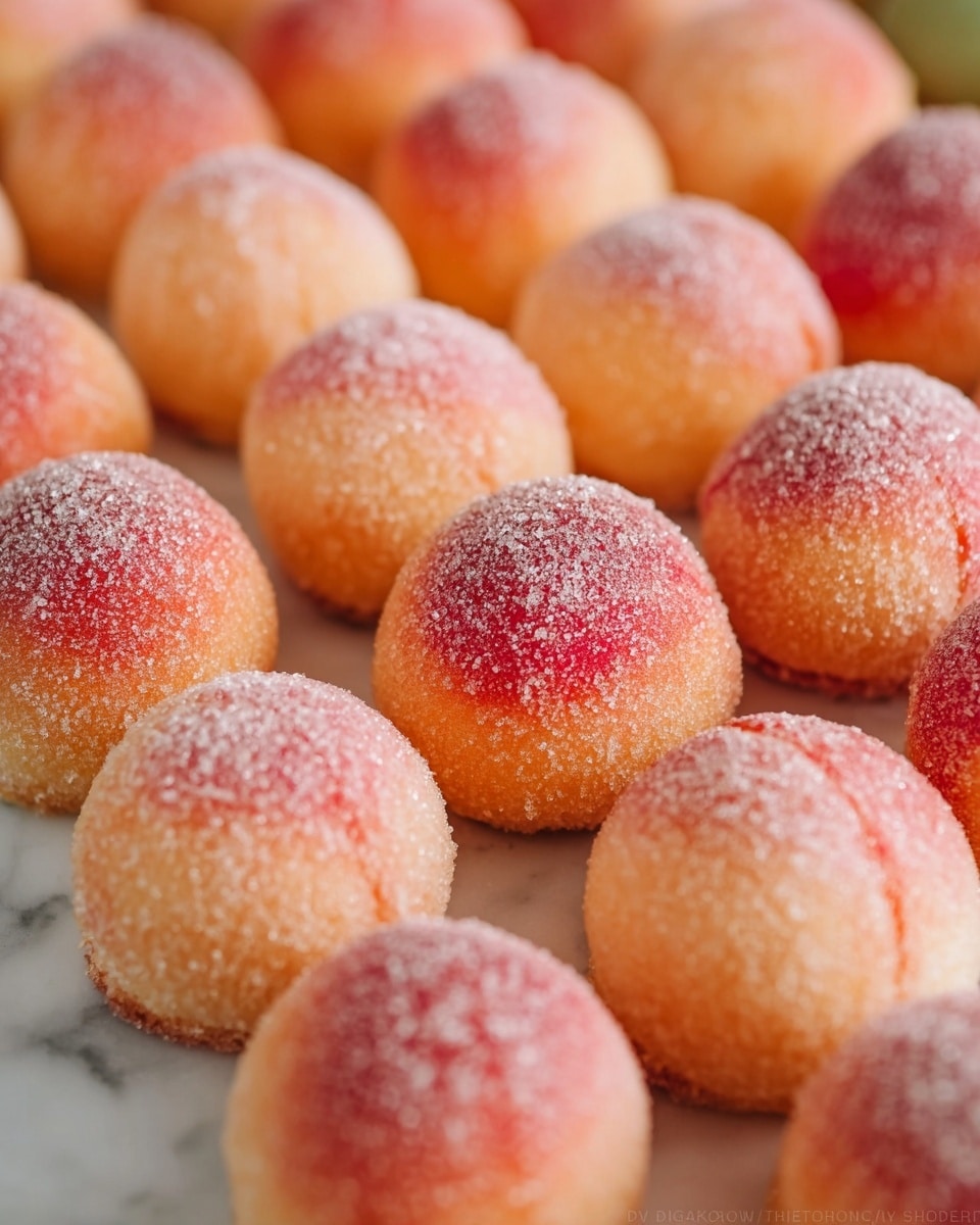 The image shows many round peach-shaped pastries arranged close together in rows on a white marbled surface. Each pastry has two layers joined in the middle; the top and bottom halves are pinkish-orange with a dusting of sugar that gives them a slightly grainy texture. A seam in the middle separates the two halves, where a light cream or filling is visible. The peach colors range from soft orange to deeper pink tones, with a smooth, slightly matte surface under the sugar crystals. The overall look is neat and uniform, with the pastries standing upright and closely packed. Photo taken with an iphone --ar 4:5 --v 7