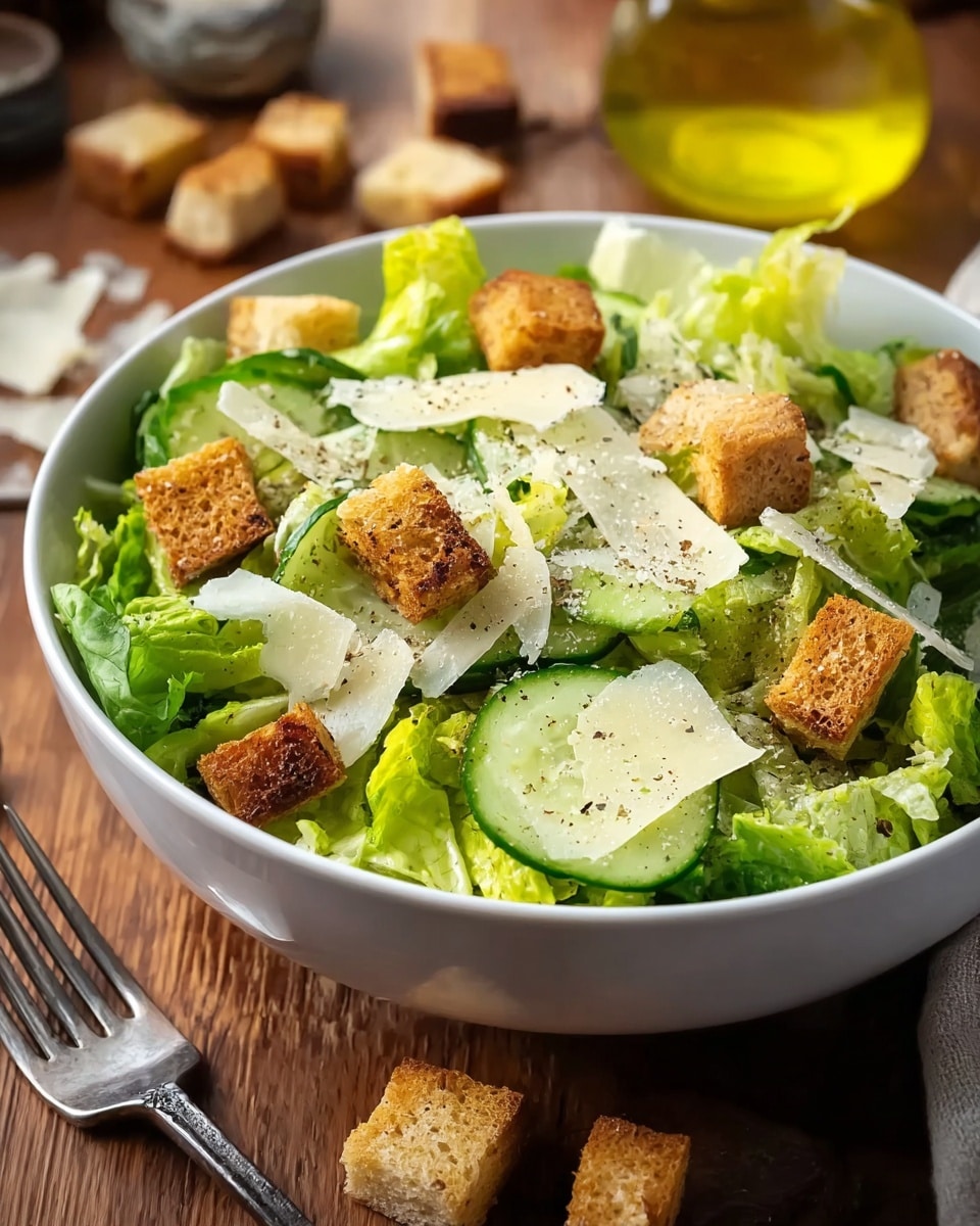 A fresh salad in a white bowl sits on a white marbled surface. The salad has one layer of bright green leafy lettuce at the bottom, followed by a layer of thick cucumber slices arranged evenly on top. Scattered generously over the cucumbers are golden-brown croutons with a crispy texture. Thin, pale yellow cheese shavings are spread on top of the croutons and cucumbers, sprinkled with a light dusting of ground black pepper. A few croutons and cheese shavings are seen outside the bowl on the surface. Photo taken with an iphone --ar 4:5 --v 7