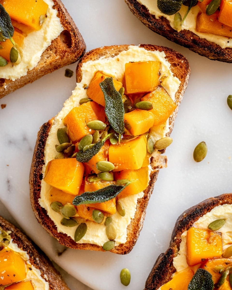 The image shows several pieces of toasted whole grain bread topped with a creamy, light yellow spread that looks smooth and slightly fluffy. Each piece has bright orange roasted squash cubes scattered on top, adding a soft texture and vivid color. Green crispy sage leaves with visible oil droplets are placed among the squash pieces, adding a fresh contrast. Small green pumpkin seeds and pine nuts are sprinkled over everything, giving a crunchy element. The toast pieces rest on a white marbled surface with scattered seeds around. Photo taken with an iphone --ar 4:5 --v 7