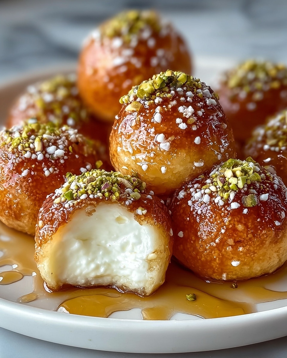 The image shows nine round dessert balls on a white plate, each with a golden-brown crust covered with coarse white sugar crystals and topped with chopped green pistachios. One ball at the front is cut open, revealing a creamy white filling inside a light golden crunchy outer shell. The balls sit in a pool of shiny amber syrup that drips artistically on the plate. The background surface is a white marbled texture. Photo taken with an iphone --ar 4:5 --v 7