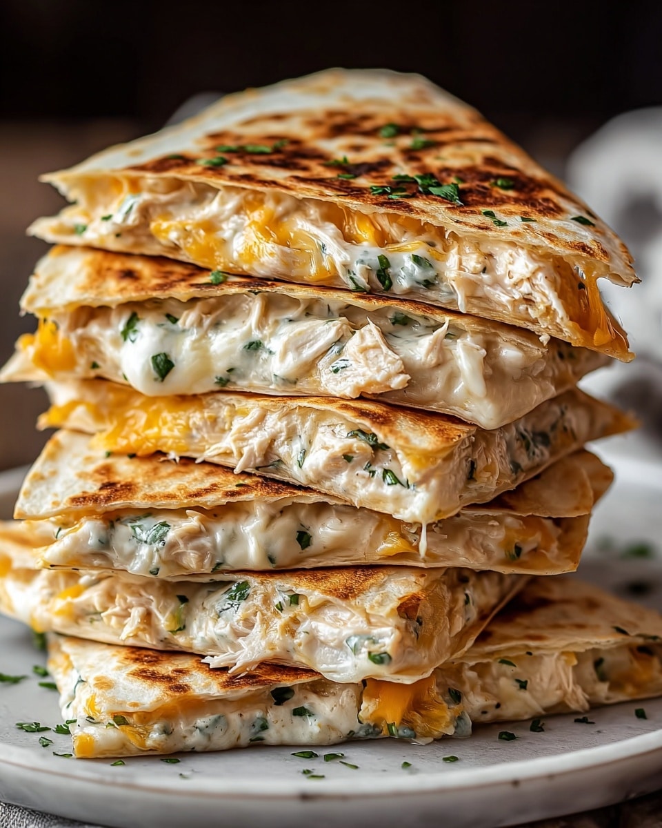 A close-up view of a stack of six golden-brown quesadilla slices on a white plate, each slice featuring a slightly crispy toasted tortilla exterior with scattered green herbs on top. The quesadillas are filled generously with a creamy white cheese mixed with finely chopped green herbs and small pieces of tender shredded chicken, along with pockets of melted orange cheddar cheese peeking through the layers. The layers have a soft, gooey texture inside contrasting with the toasted, slightly charred surface of the tortillas. The plate rests on a surface with a white marbled texture, making the quesadillas stand out in warm, natural light. photo taken with an iphone --ar 4:5 --v 7