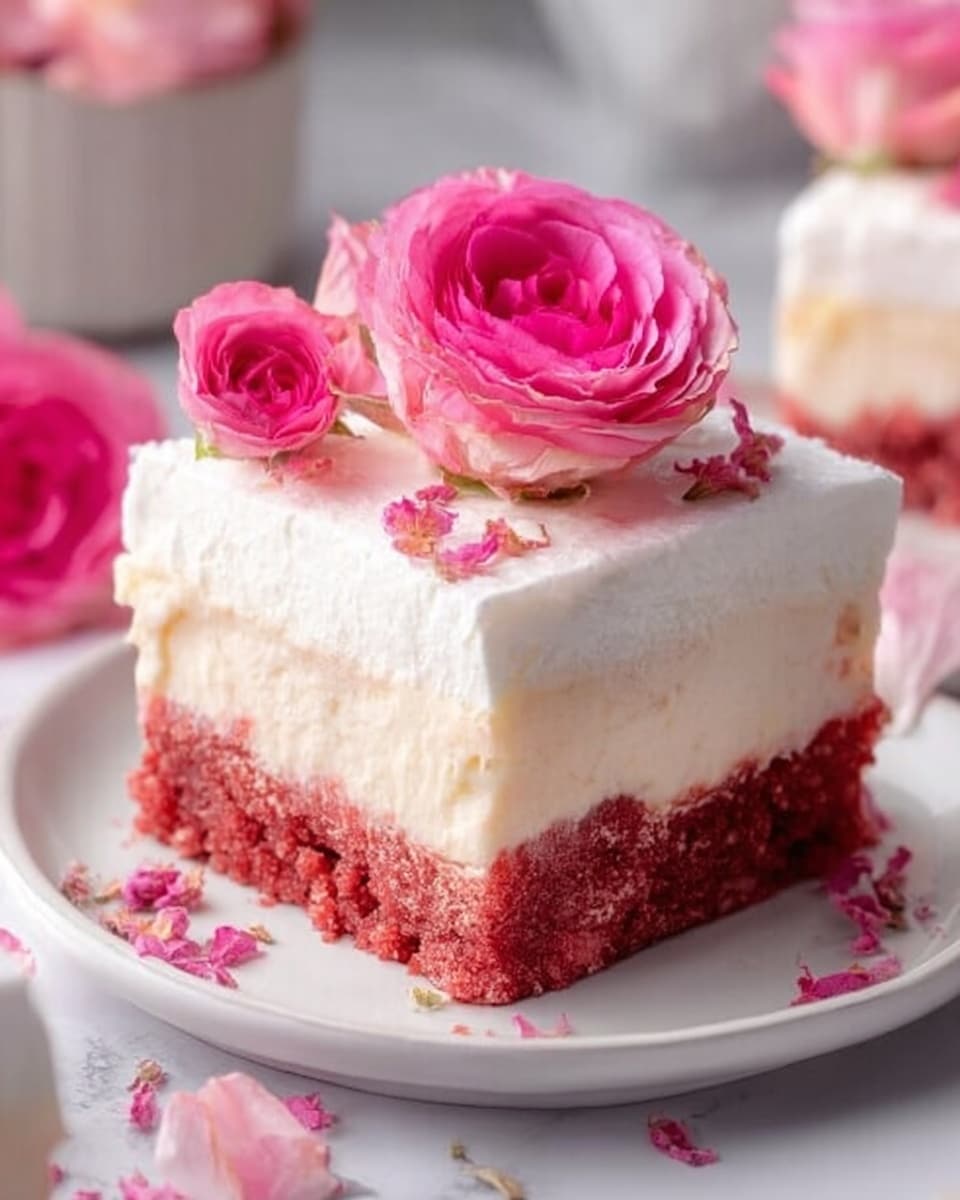The image shows a square piece of dessert on a white plate, placed on a white marbled surface. The dessert has three layers: the bottom layer is a crumbly pink cake, the middle layer is a smooth, pale cream with soft, creamy texture, and the top layer is a thick, white frosting. On top of the frosting, there are several delicate pink rose petals and a bright pink rose flower in the center. Around the plate, there are extra pink rose petals and small pink flowers, adding a soft, romantic touch. Photo taken with an iphone --ar 4:5 --v 7