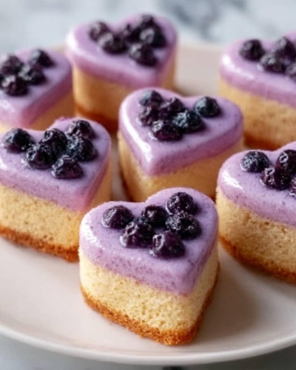 The image shows several small heart-shaped cakes arranged closely together on a white plate with delicate patterns. Each cake has two layers: a golden-yellow bottom layer with a soft, crumbly texture, and a shiny purple top layer with darker purple spots inside, giving it a marbled look. The cakes look moist and slightly glossy on the top, with smooth edges and a neat shape. The background is a white marbled surface. photo taken with an iphone --ar 4:5 --v 7