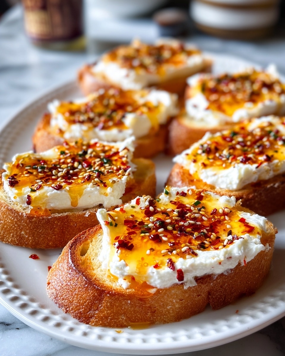 The image shows six pieces of toasted bread, each topped with a thick, white creamy layer of cheese spread evenly over the surface. On top of the cheese, there is a shiny golden-orange oil drizzle mixed with red chili flakes, small white sesame seeds, and tiny green herb bits, creating a colorful and appetizing look. The bread is golden brown with a crunchy texture, and the toppings slightly drip down the sides, adding richness. All pieces are neatly arranged on a white plate with a subtle textured rim, placed on a white marbled surface. photo taken with an iphone --ar 4:5 --v 7