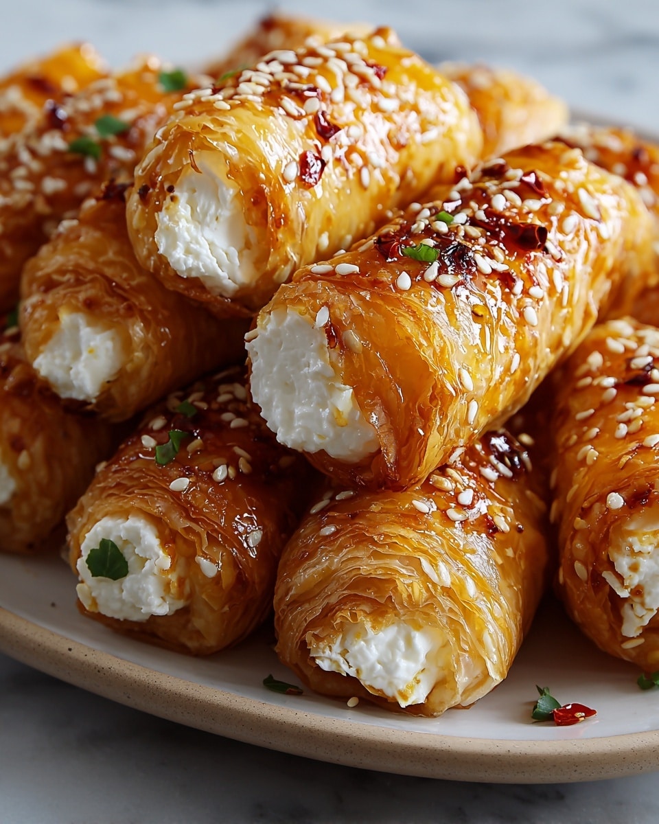 The image shows several golden-brown rolled pastries filled with creamy white cheese, stacked carefully on a white plate. Each pastry has a shiny, crisp outer layer with seeds and red chili flakes sprinkled on top, and small green herb leaves scattered around for garnish. The cheese inside is soft and smooth, visible at the ends of each roll. A glossy syrup lightly coats the pastries, adding a rich finish. The plate sits on a white marbled surface. photo taken with an iphone --ar 4:5 --v 7