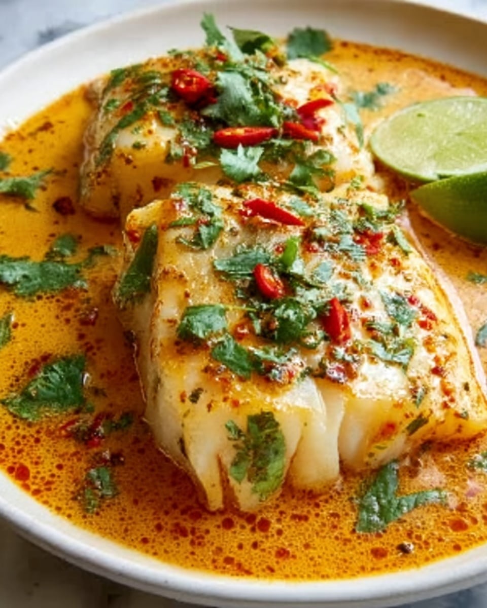 A white plate holds a piece of cooked white fish fillet covered in a rich golden yellow sauce with red chili pieces and finely chopped green herbs scattered on top and around it. The sauce has a smooth texture and pools slightly around the fillet, adding a glossy finish. A wedge of green lime rests beside the fish, adding contrast to the warm colors of the dish. The herbs look fresh and add a touch of brightness to the overall presentation. The edge of a woman's hand is visible near the plate, slightly blurred. The photo is taken on a white marbled surface. Photo taken with an iphone --ar 4:5 --v 7