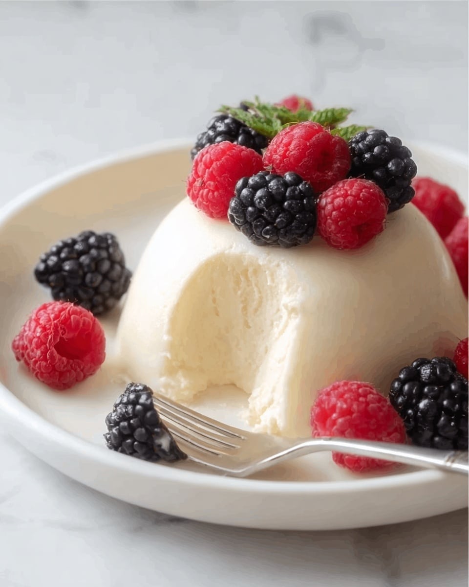 A smooth, pale creamy dome dessert with a bite taken out, showing a uniform soft texture inside, sits in the middle of a white plate. Around the base of the dome, there are several fresh red raspberries and dark blackberries scattered evenly, with a small cluster of berries and a green leaf on top of the dome. A silver fork rests on the plate in front of the dessert, holding a small piece of black berry. The whole scene is set on a white marbled texture. photo taken with an iphone --ar 4:5 --v 7