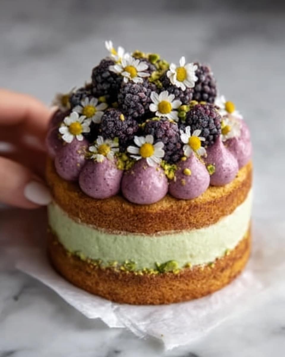 The image shows a small two-layer cake placed on white parchment paper over a white marbled surface. The bottom and top layers are light brown with a soft, moist texture. Between the layers is a thick pale green cream layer with a smooth texture. On the top layer, there are round dollops of pink cream evenly spaced along the edge. In the middle of the top layer sits a pile of dark purple blackberries, and small white flowers with yellow centers are sprinkled among them, along with finely chopped light green pistachio nuts. The colors and textures create a fresh and elegant look. Photo taken with an iphone --ar 4:5 --v 7