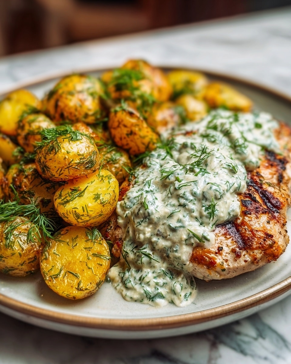 A white plate holds a serving of golden-brown chicken topped with a thick layer of white creamy sauce mixed with green herbs. Next to the chicken are small, round roasted potatoes with a crispy, slightly browned skin, sprinkled with fresh green dill. The plate rests on a white marbled surface. photo taken with an iphone --ar 4:5 --v 7