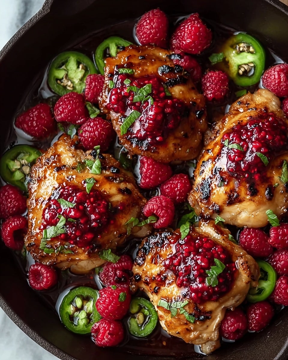 In a black cast iron pan, there are four browned grilled chicken pieces arranged close to each other, each topped with a shiny red raspberry sauce. Bright red whole raspberries and dark green sliced jalapeños are scattered evenly around and on top of the chicken. Small green parsley leaves are sprinkled lightly over everything. The sauce around the chicken looks thick, dark, and glossy, covering the bottom of the pan. The scene rests on a white marbled texture. photo taken with an iphone --ar 4:5 --v 7