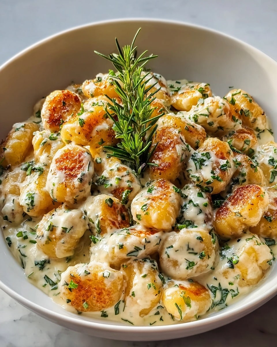 A white bowl filled with golden-brown gnocchi pieces that are covered in a creamy white sauce with green herbs mixed throughout. The gnocchi are plump and slightly browned but soft-looking, arranged in a heap with some sauce pooling at the bottom. A sprig of fresh green rosemary sits on top in the middle as garnish. The background is a white marbled surface. Photo taken with an iphone --ar 4:5 --v 7