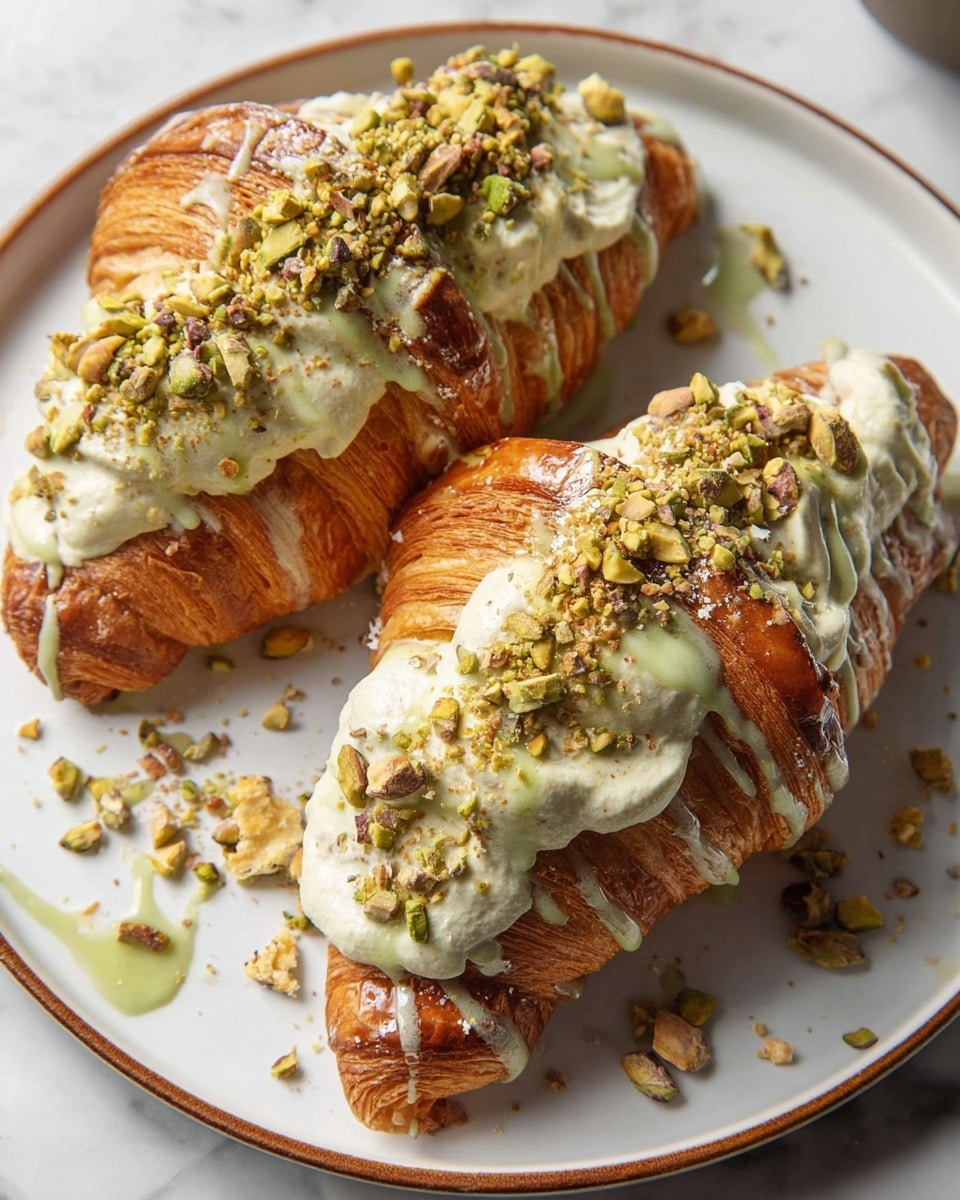 Two croissants on a white plate with a brown rim, placed on a white marbled surface. Each croissant is sliced open and filled with a thick layer of pale green creamy filling that is piped into large dollops along the length of the bottom half. The croissants are golden brown and flaky, with a crispy texture. On top of the filling and croissants, there is a generous sprinkle of crushed pistachio nuts, adding a mix of green and brown colors and a crunchy texture. A drizzle of smooth green sauce is spread over the croissants and nuts, creating thin lines that add shine and richness to the presentation. Small pistachio pieces surround the croissants on the plate, enhancing the look of a fresh, nutty dessert. photo taken with an iphone --ar 4:5 --v 7